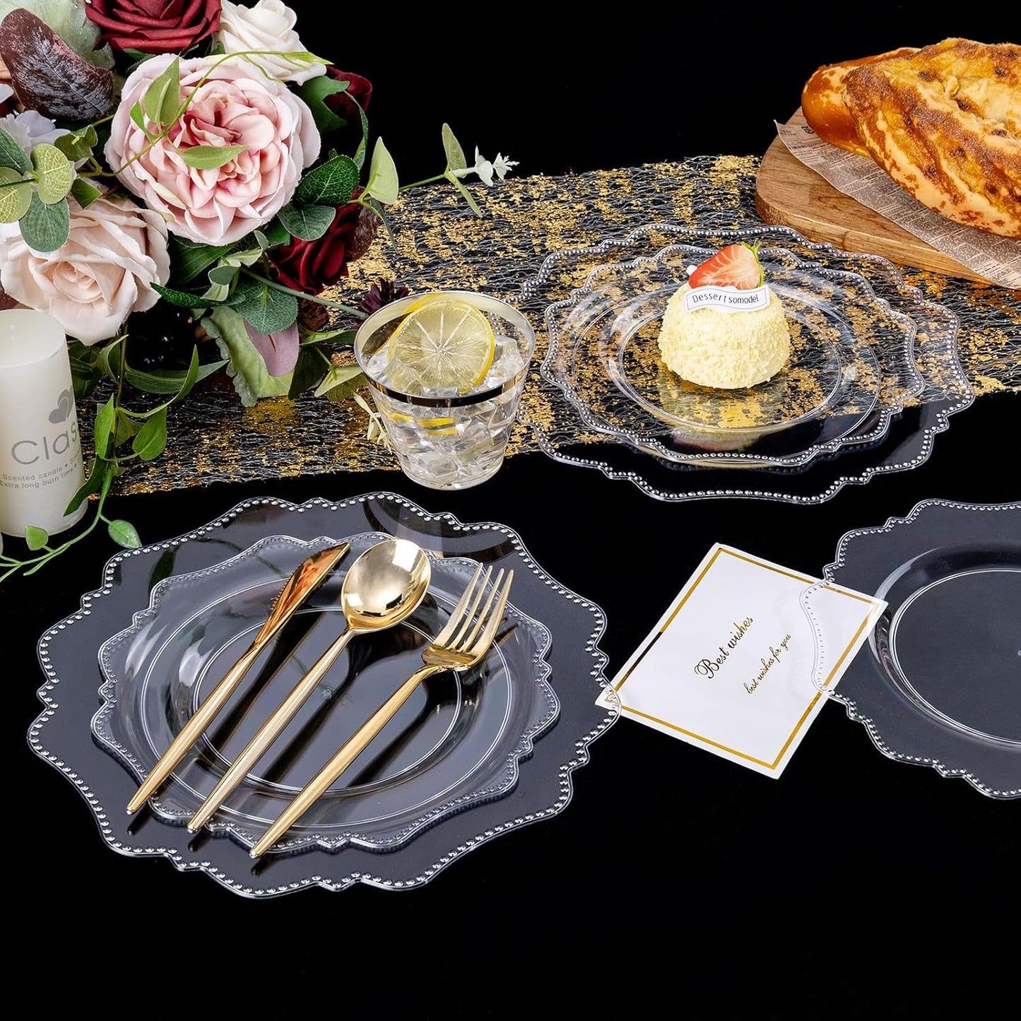 COLOSUS 350pcs Clear Plastic Plates Disposable Gold Cutlery Dinnerware set for party: 50 Dinner Plate, 50 Dessert Plate, 50 Per Rolled Napkins with Gold Silverware, 50 Cups 9 OZ for Wedding & Party