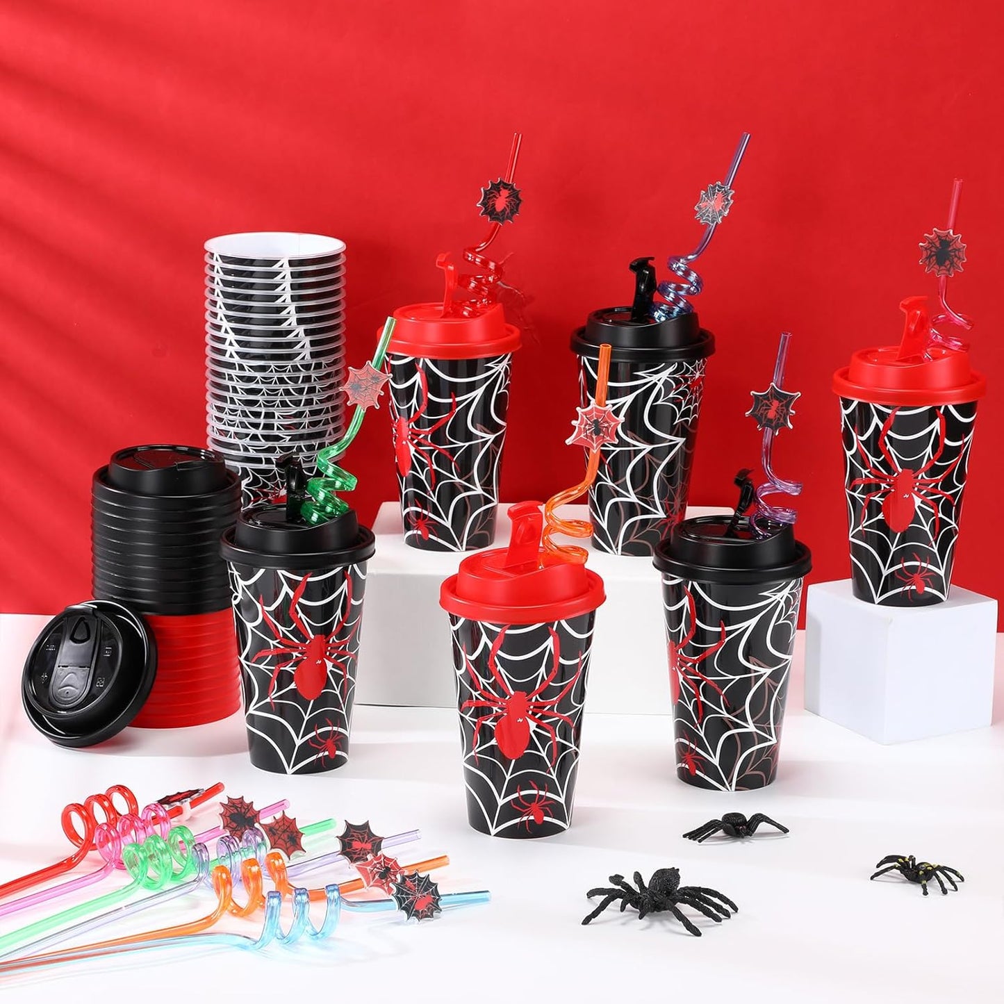 Yungyan 24 Sets Spider Party Favors Goodie Cups with Lids and Straws for Halloween Party Decorations Reusable 16oz Plastic Candy Cups Plastic Straws for Birthday Gift (Spider)