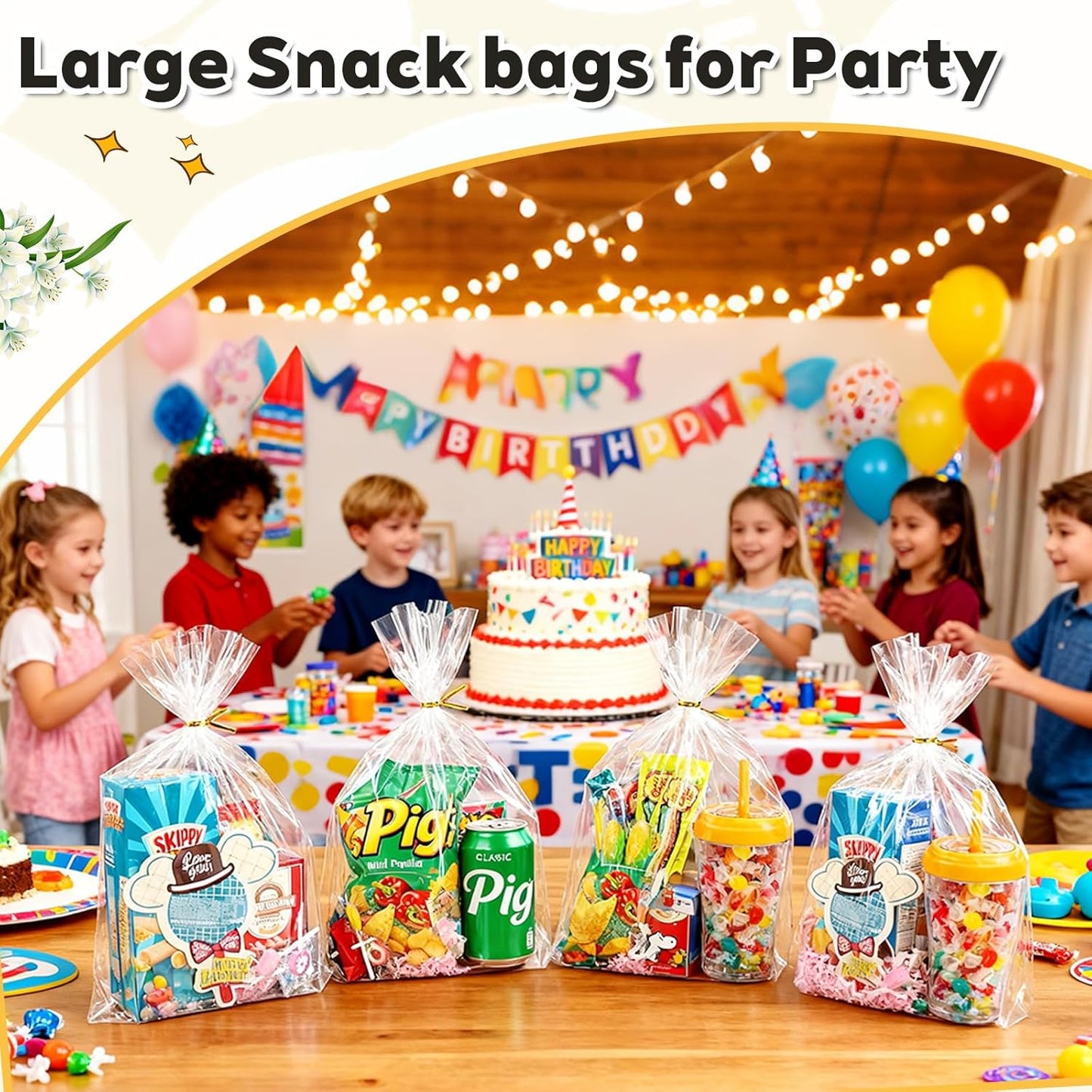 PigPotParty 10"x 14", 100Pcs Bottom Gusset Bags, Clear Plastic Gift Bags, Cellophane Mug Treat Goodie Bags with 100x Twist Ties, Large Party Favor Packaging, Toy Wrapping (No Side Gusset)