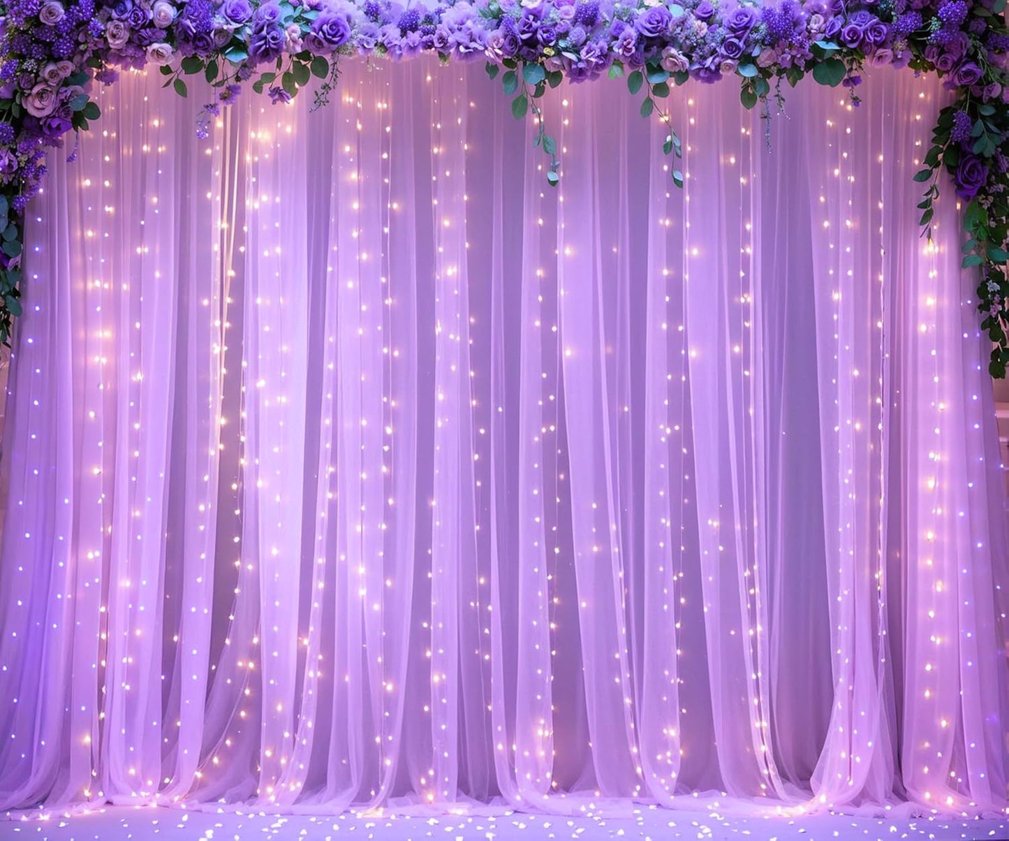 Lavender Tulle Photo Backdrop Curtain with Lights String for Parties Wedding Bridal Shower Sheer Lavender Curtain Backdrop for Birthday Party Baby Shower Photo Booth Photography 20ft x 10ft