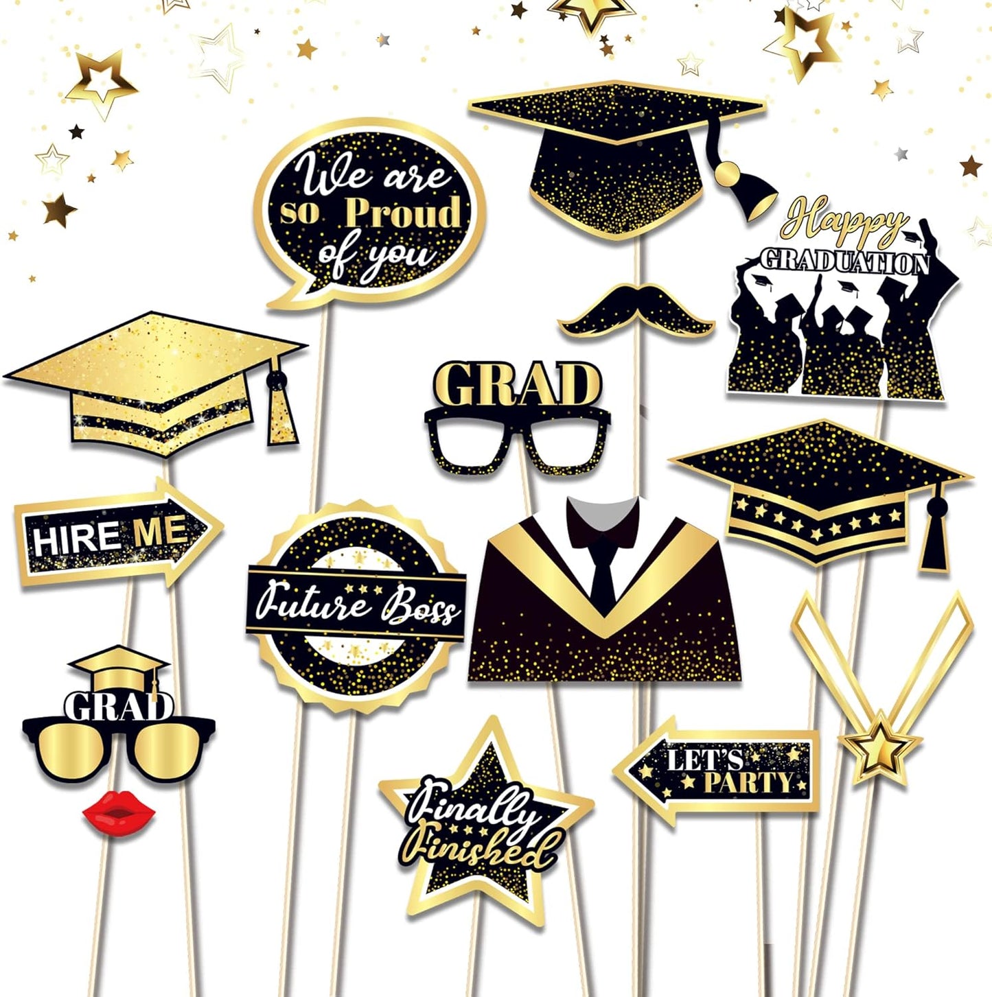 25 Pcs Black and Gold Photo Booth Props, Graduation Theme Decoration Props, Graduation Holiday Party Supplies