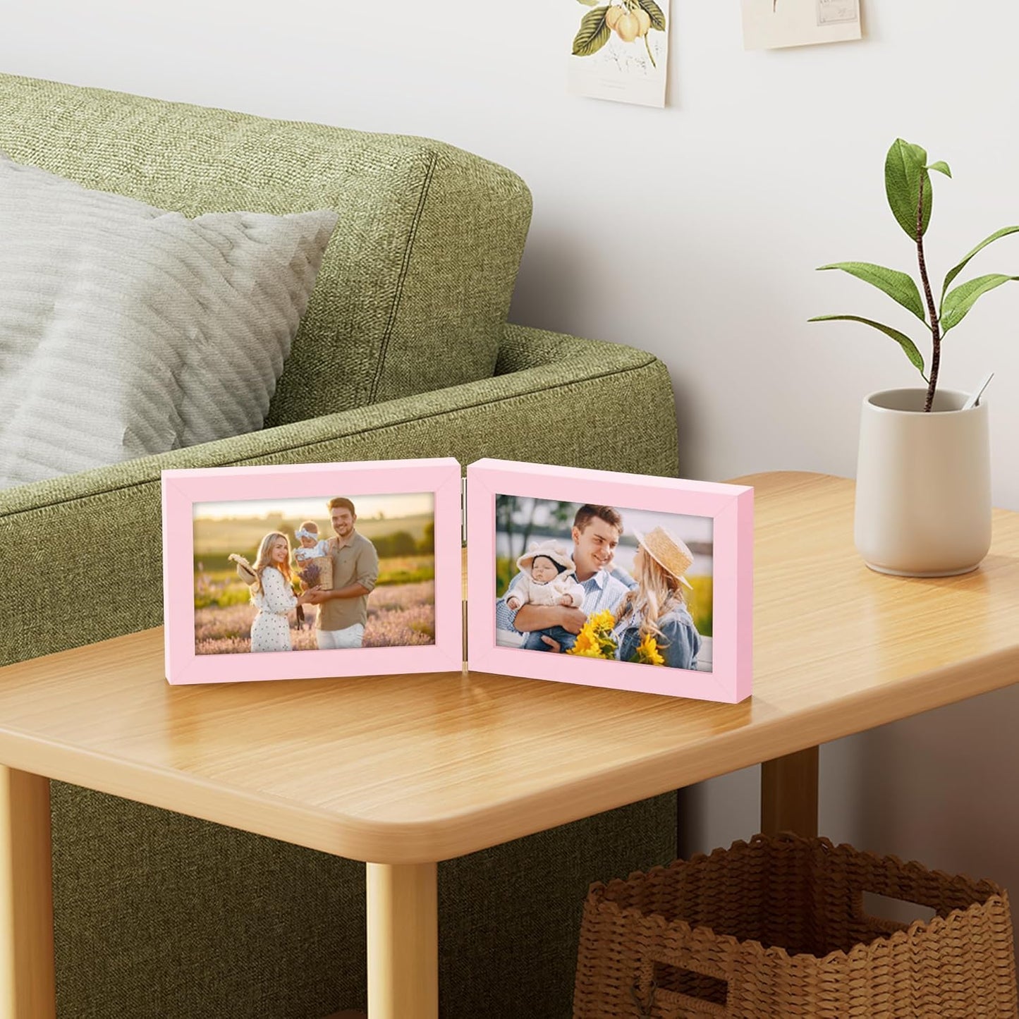 decorUhome Double 6x4 Picture Frame Horizontal, Engineered Wood Bifold Photo Frame with Plexiglass for Tabletop Display, 6x4, Pink