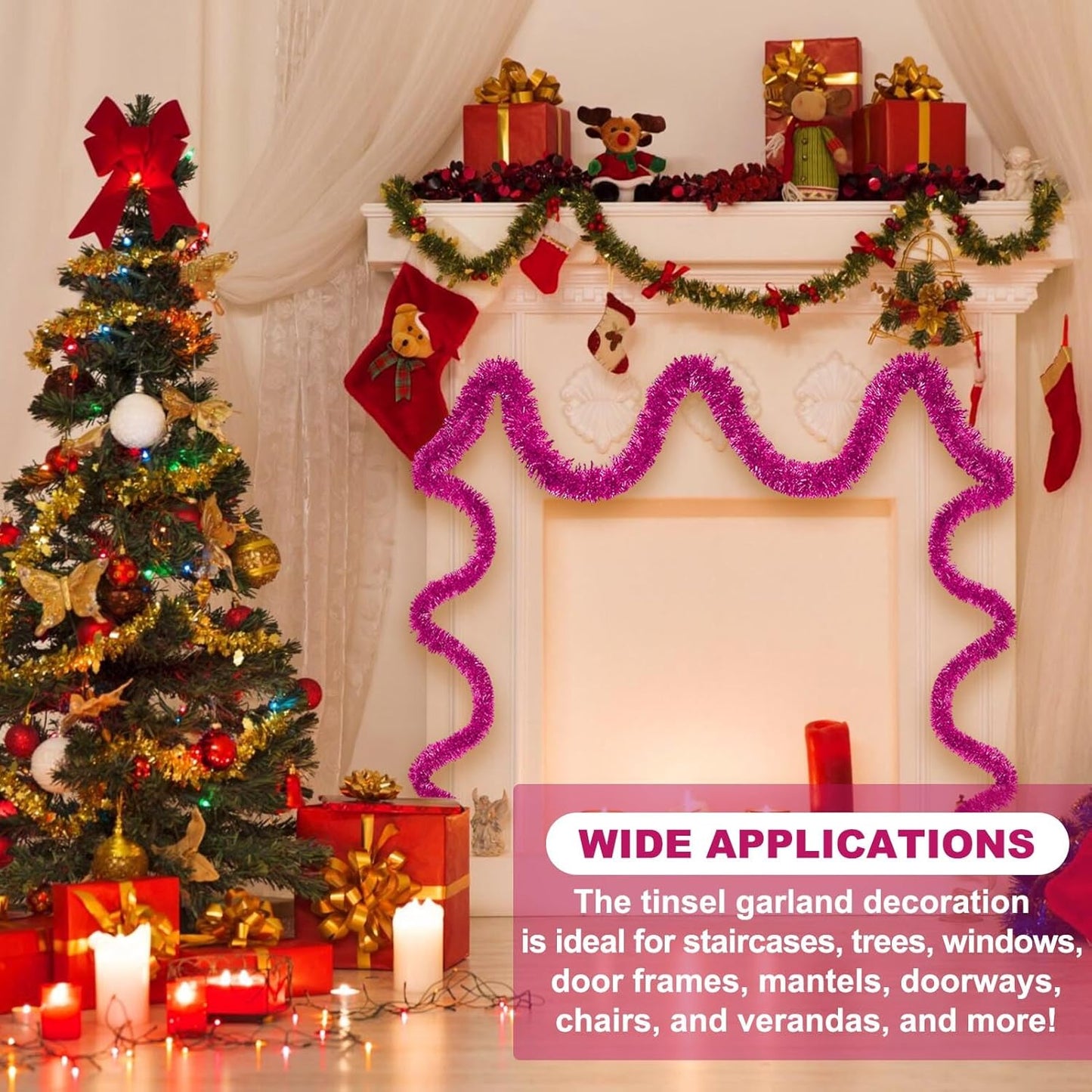 50 Feet Fuchsia Christmas Tinsel Garland, Metallic Foil Twist Banner Wall Hanging Tinsel Streamers Backdrop for Parade Floats, Christmas, Mother's Day, Birthday Party Decorations(2in x 50ft)