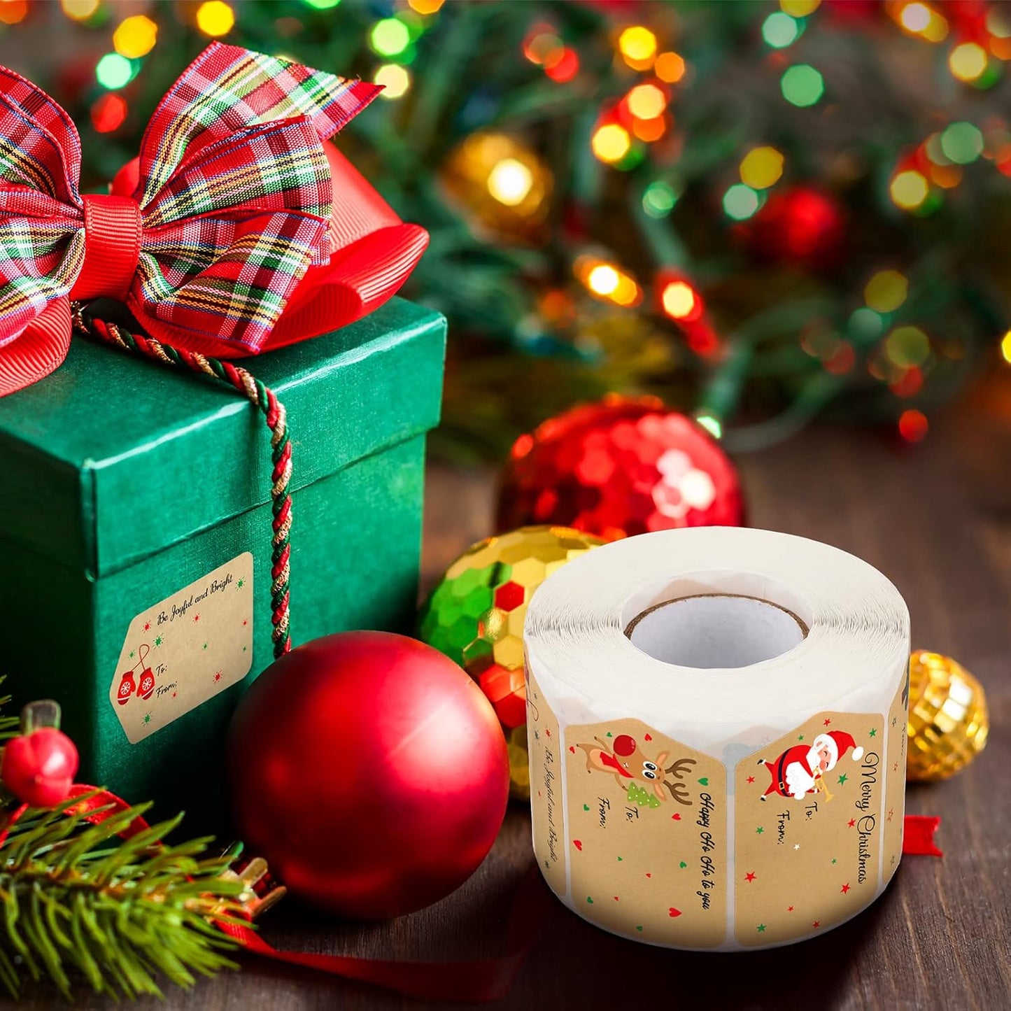 Zonon 720 Pieces Self Adhesive Christmas Gift Tag Xmas Kraft Name Tags Natural Kraft Xmas Stickers Paper Tags Labels for Christmas Decoration(Classic Style)