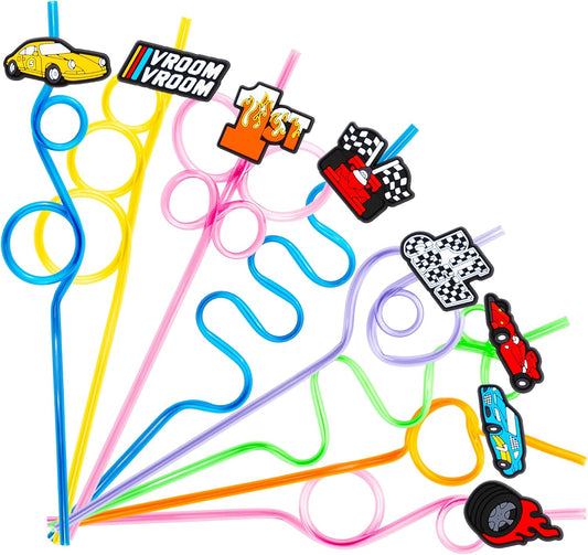 24 PCS Race Car Drinking Crazy Straws for Kids Racing Pit Crew Checkered Flag Race Car Themed Birthday Party Supplies Favors Decorations with 24 PVC Cute Charm, 2 Cleaning Brushes Reusable Straw