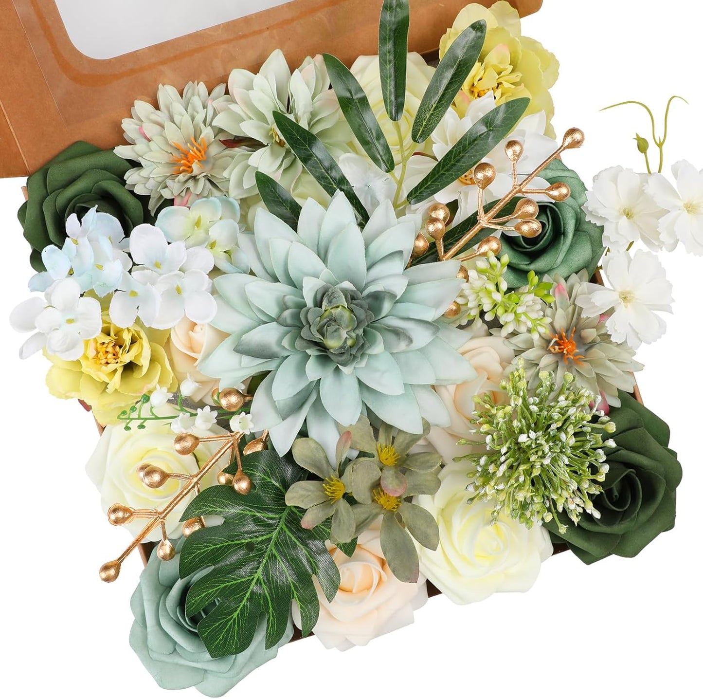 Artificial Flowers Combo, Mix Silk Flowers Roses, Peonies, Dahlias with Stems for DIY Wedding Bridal Bouquets, Baby Shower, Table Centerpieces, Home Decor, Fake Floral Arrangements-Elf Green