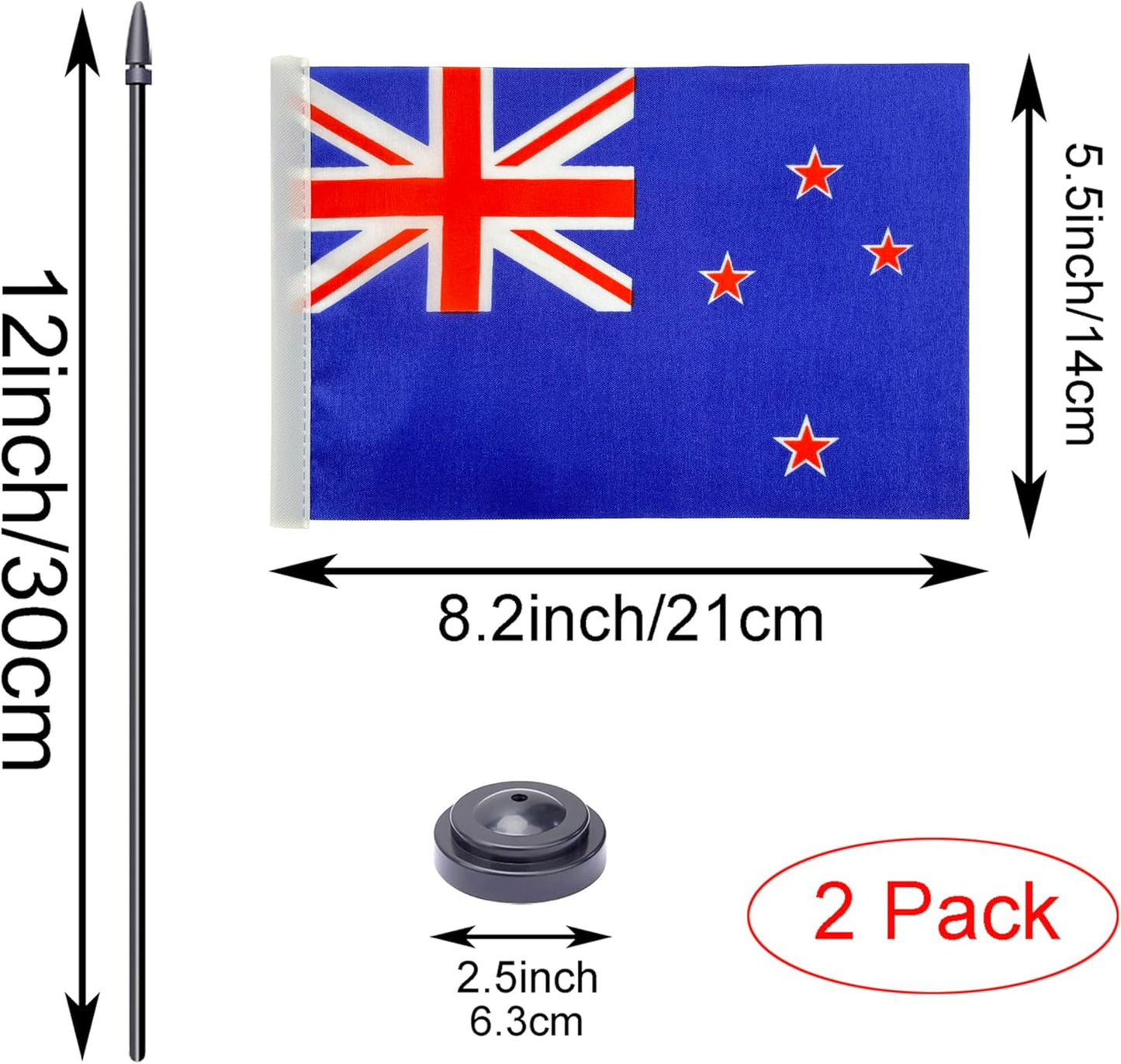 WXTWK 2 Pack New Zealand Flag New Zealand Deluxe Desk Flag Set - Mini Small New Zealand Table Office Flags with Black 12" Solid Pole Stand Base Classroom Meeting Desktop Decorations
