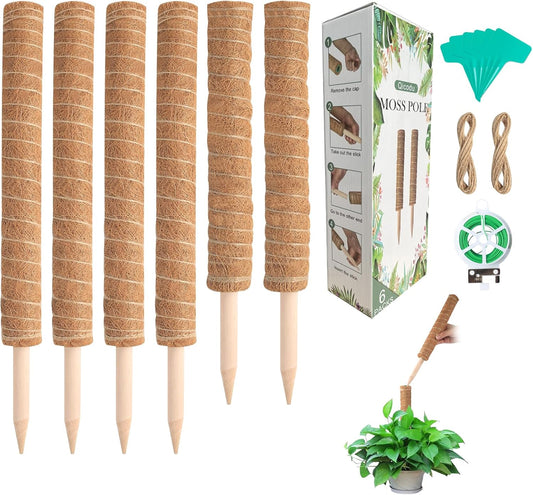 6 Pack Moss Poles for Monstera Plant Support (4x17in + 2x12in, 92in Total) – Stackable Moss Pole for Plants,Ideal Plant Stakes for Indoor Plants, Pothos, and Philodendron Support，with Garden Ties
