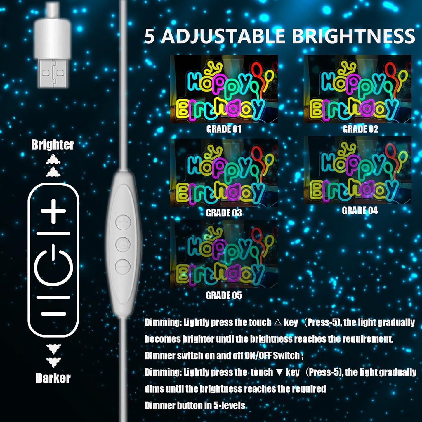 Happy Birthday neon signs，USB Powered Dimmable LED Colorful Lights for Backdrop Wall Decor,Eye-Catching Birthday light up sign for Parties Unforgettable Gifts Backdrops Size:16.54 * 10.39in