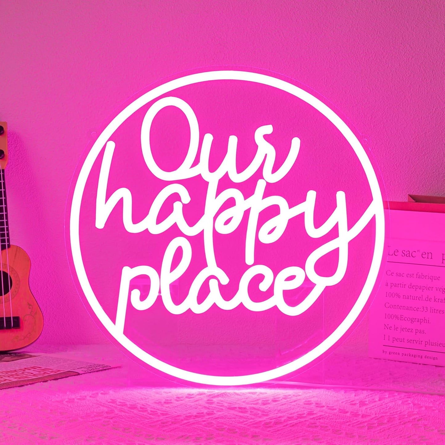 "Our happy place" Neon Sign Happy Place Neon Light for Wall Decor Letter Neon Signs Pink LED Neon Sign Round LED Neon Light for Bedroom Bar Party Birthday Club Decor