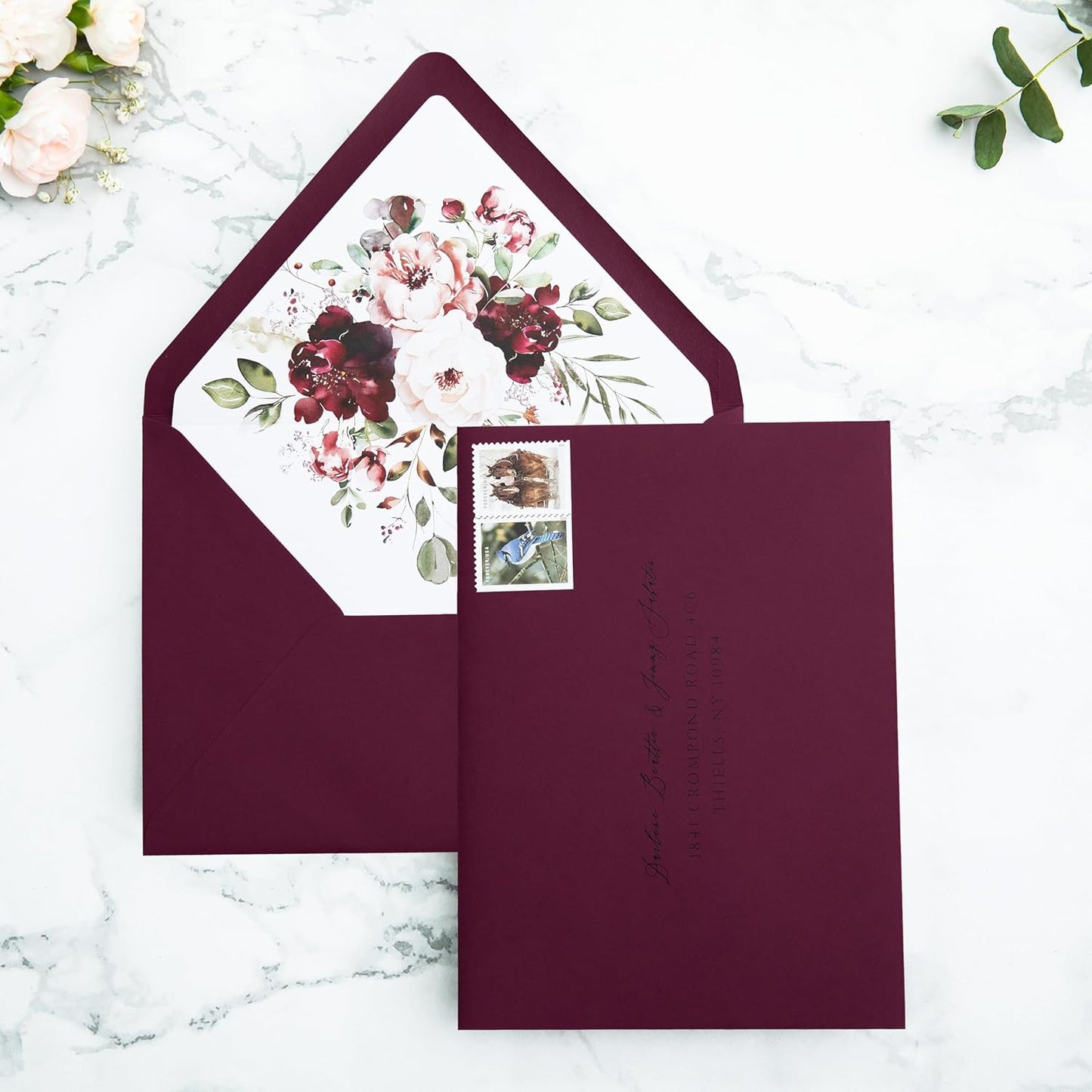 PONATIA 50PCS A7 Euro Flap Envelopes, 5.25 x 7.25'' Burgundy Flowers Liner Envelope for 5x7'' Wedding Invitation Cards, Christmas Gift Cards, Acrylic Invitations, Photos