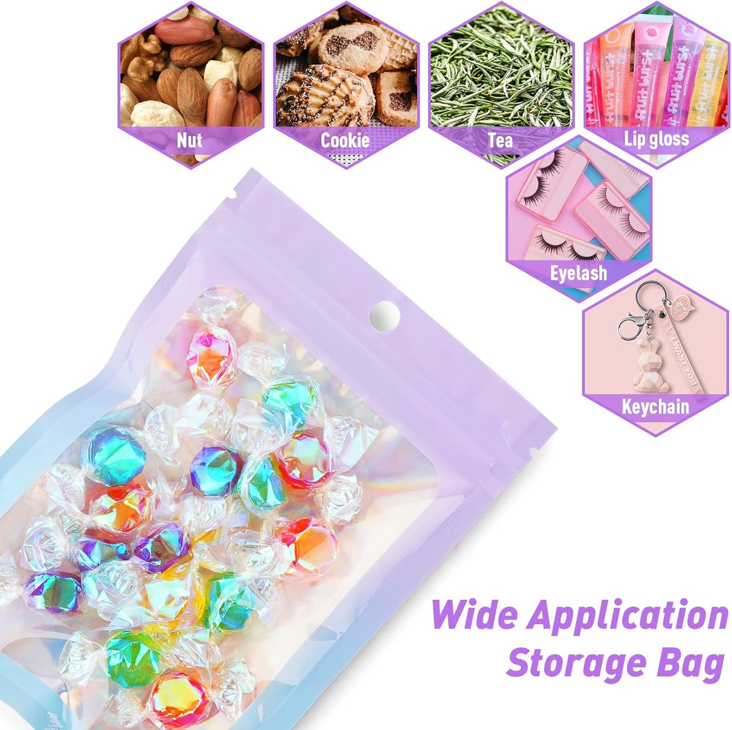 Funfery 100 Pack Holographic Mylar Bags,Clear Window Smell Proof Bag Foil Seal Pouch Resealable Bags with Zipper,Packaging Bag for Food Storage,Lash,Jewelry,Business Supplies(3×4.7in, Purple Blue)