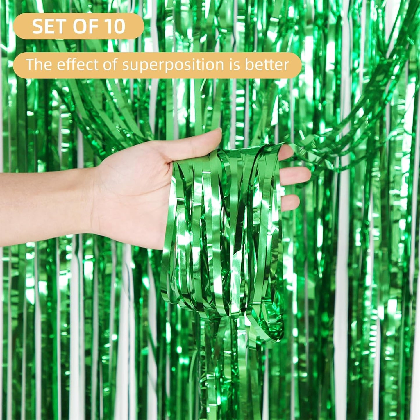 10 Pack Green Foil Curtain Backdrop 3.2ft x 9.8ft Metallic Tinsel Foil Fringe Curtains Streamer Photo Booth Backdrop for Birthday Party Engagement Bachelorette Party Decorations (Green)