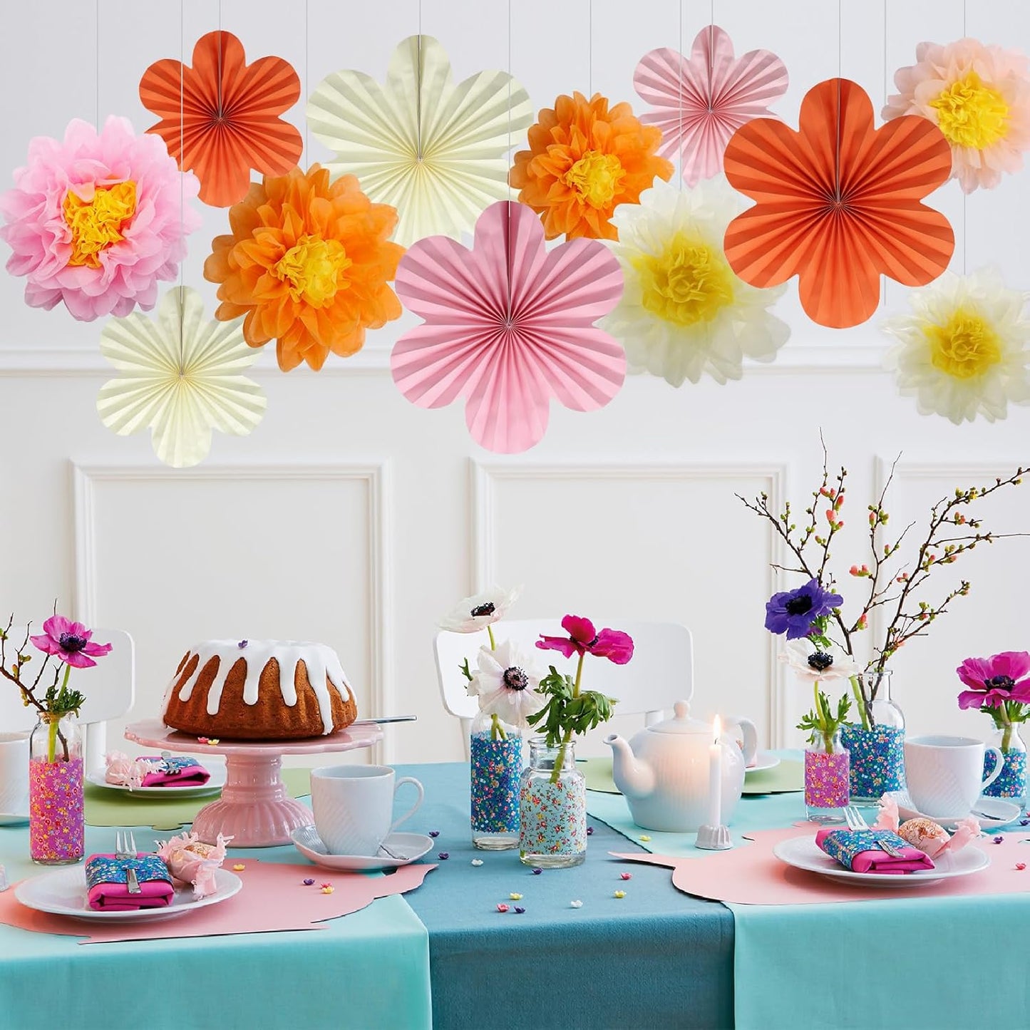 BestoFun 12PCS Paper Flowers Fans Pink Orange Party Decorations Tissue Paper Flowers Decorations for Girl Groovy Birthday Baby Shower Wedding Bachelorette Room Wall Hanging Décor
