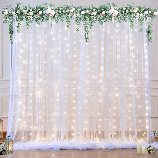10ft x 10ft White Tulle Backdrop Curtain with Lights String for Parties Wedding Bridal Shower Sheer White Curtain Backdrop for Birthday Baby Shower Photo Booth Background Decorations