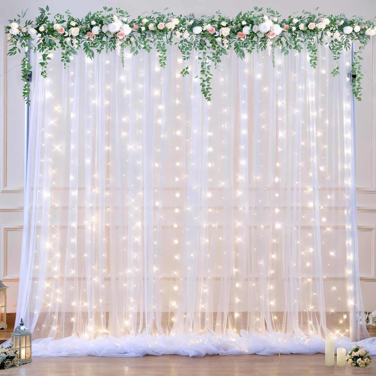 White Tulle Backdrop Curtain with Lights String for Parties Wedding Bridal Shower Sheer White Curtain Backdrop for Birthday Baby Shower Photo Booth Photography Background Decorations 10ft x 8ft