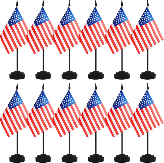 12 Pack USA Desk Flags, American Desktop Flag, Small Miniature Office Flags with 12" Black Pole and Black Base, Offices, Classroom, Home, Festival Decoration (USA)