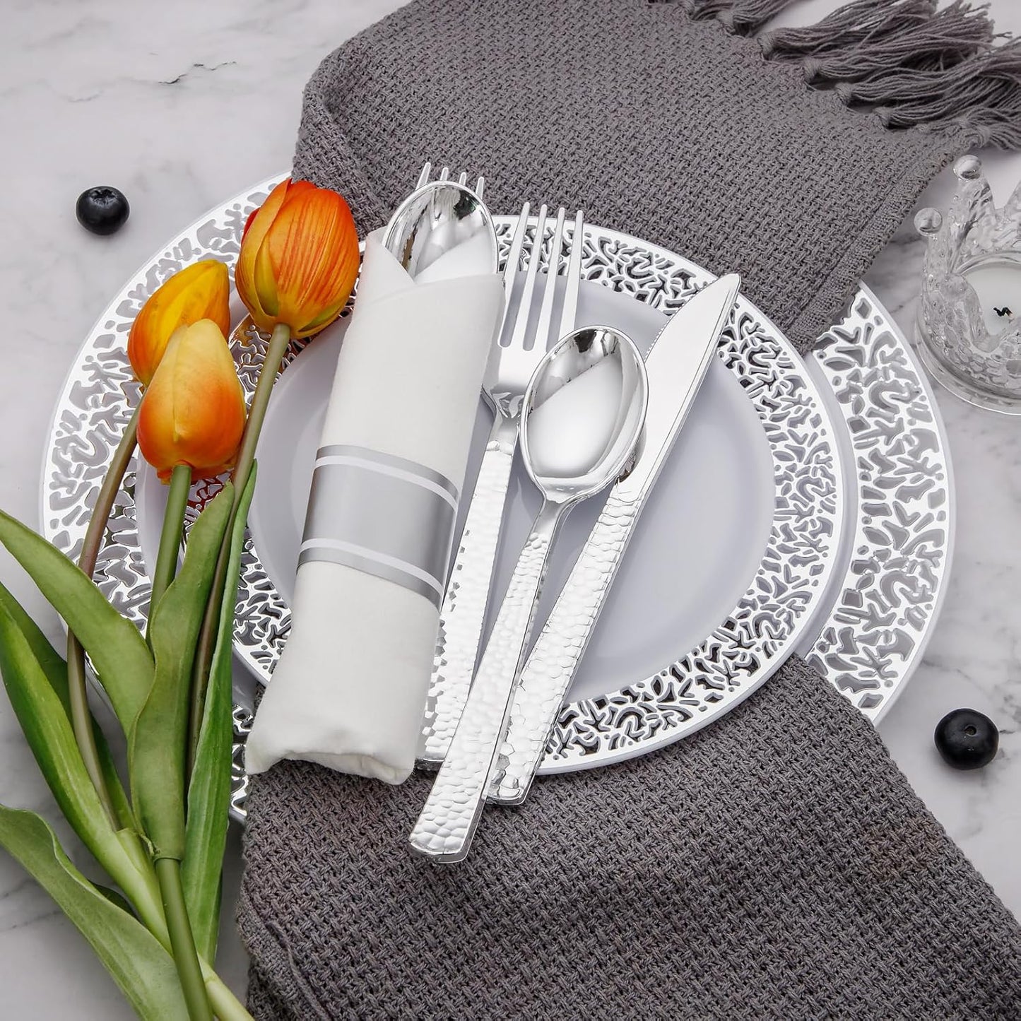 Supernal 60 Pack Pre-Rolled Silver Plastic Cutlery Heavy Duty Wrapped Silverware Disposable Premium Silver Plastic Silverware Forks and Spoons for Halloween Thanksgiving Christmas