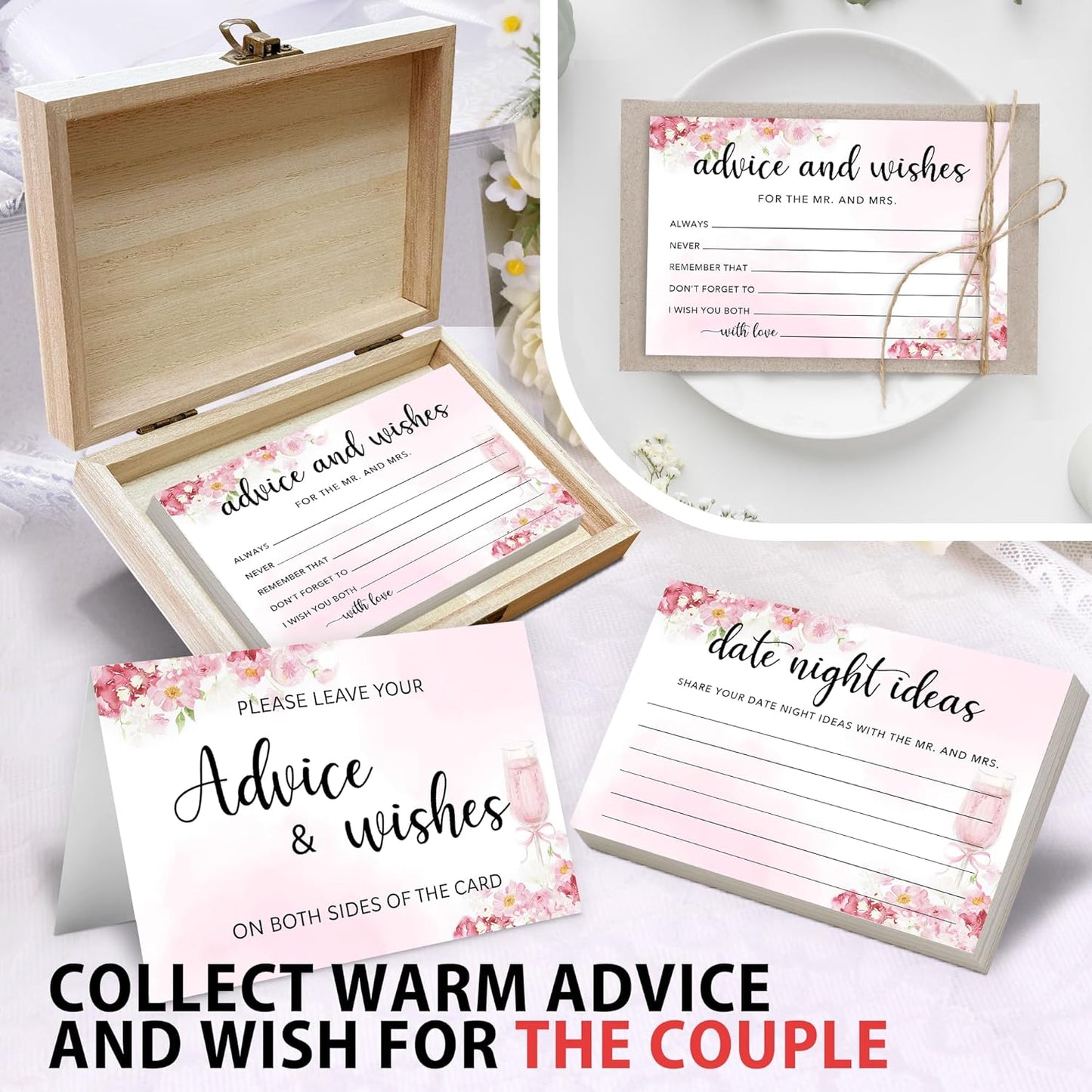 50 Pcs Advice and Wishes for the Mr and Mrs Cards in Box - Bridal Shower Guest Book - Perfect for Newlywed Games, Reception Decor, Engagement Parties & Anniversary Wishes(Champagne) - B02