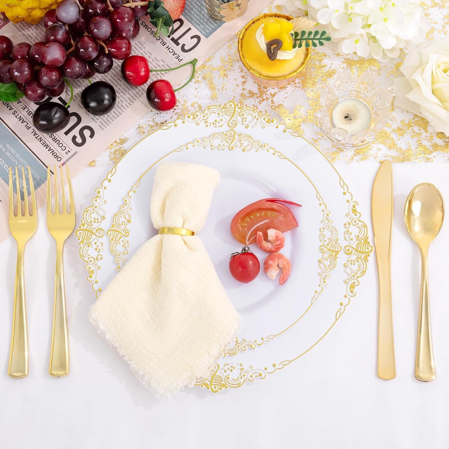 300 Pieces Gold Plastic Silverware - Heavy Duty Disposable Cutlery Set - Gold Disposable Utensils Include 150 Forks, 75 Spoons, 75 Knives for Dinner, Parties, Weddings