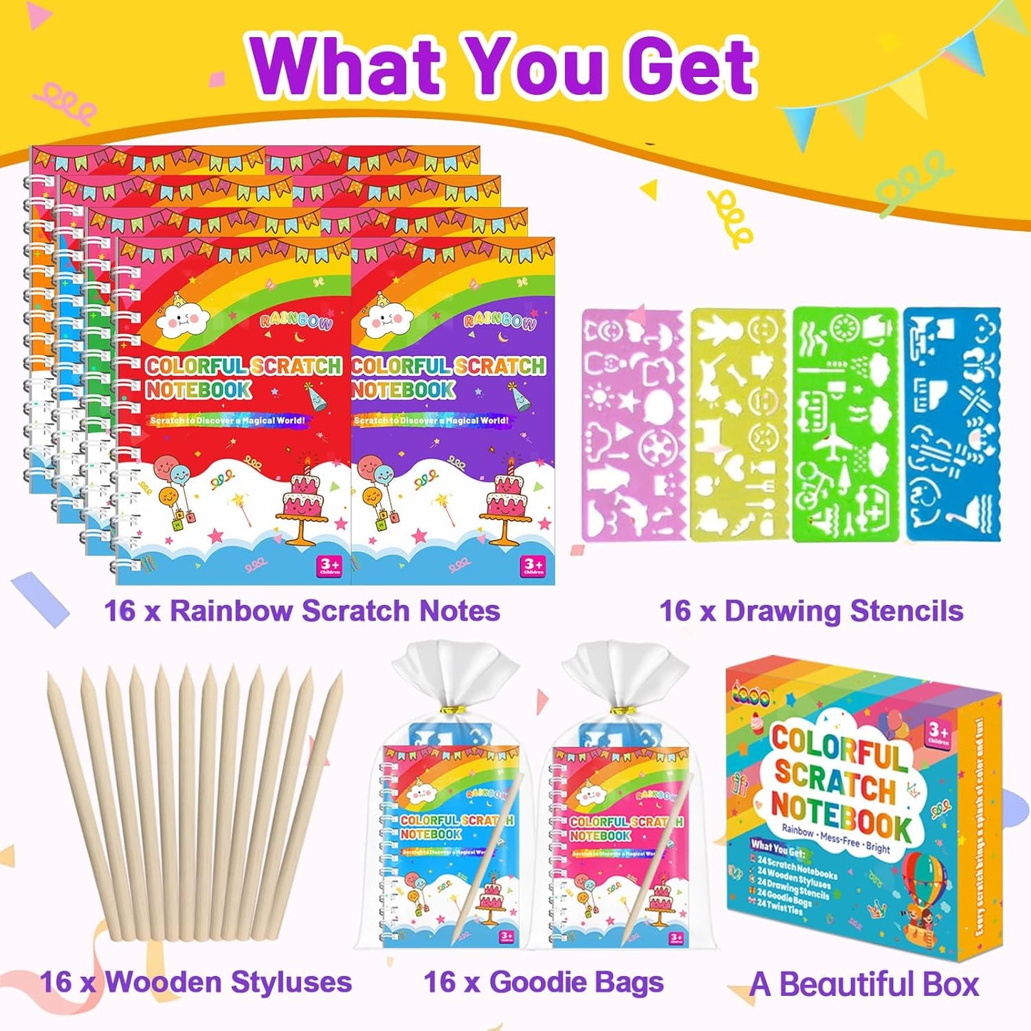 Party Favors for Kids: 16 Pack Scratch Art Notebooks with Rainbow Colors, 2-in-1 Coloring & Scratch Books, Bulk Birthday Gifts, Goodie Bags, Classroom Prizes for Boys & Girls