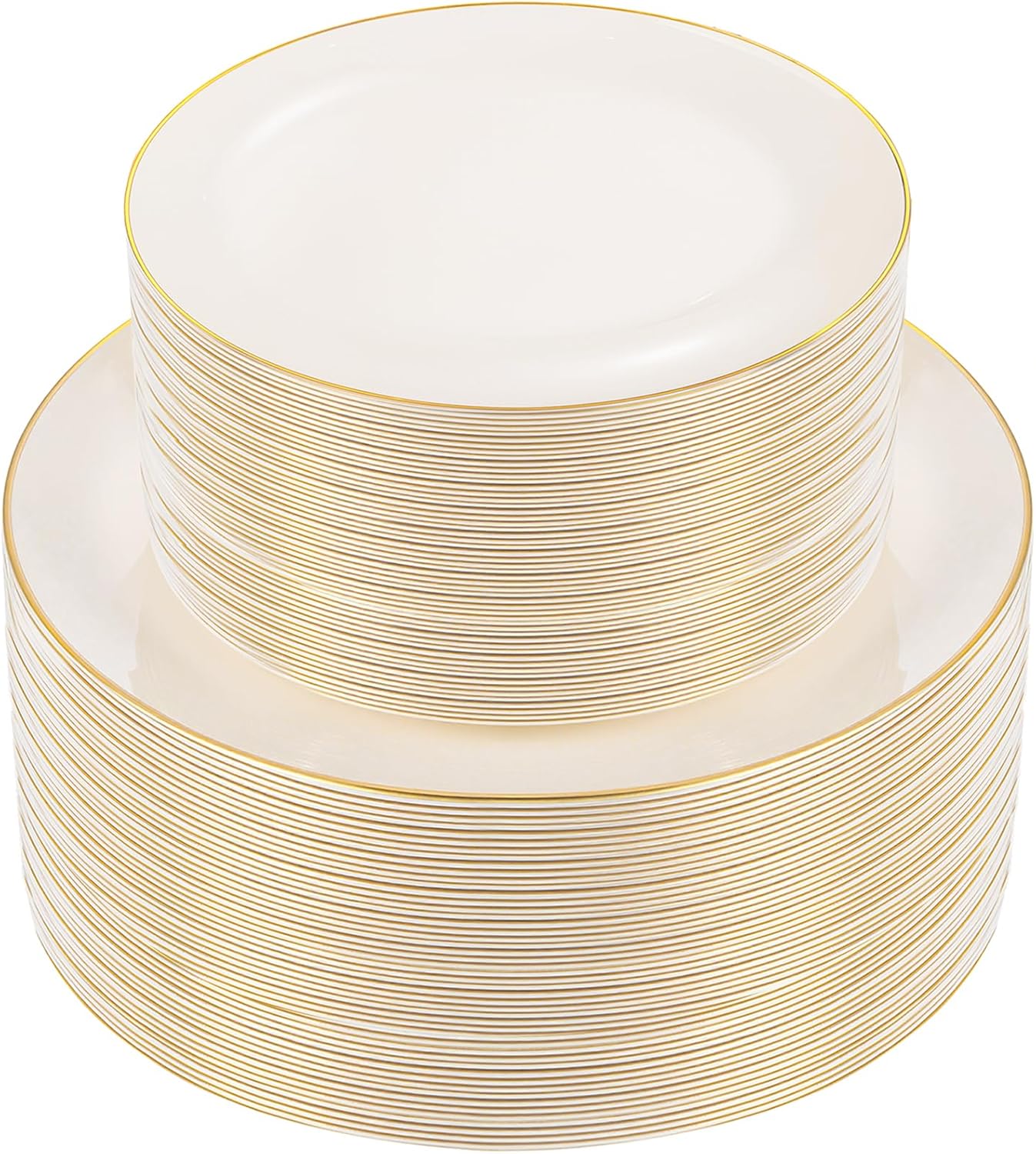 bUCLA 100PCS Ivory Plastic Plates with Gold Rim - Heavy Duty Cream Disposable Include 50 Dinner 10 inch & 50 Dessert 7 inch, for Party & Thanksgiving