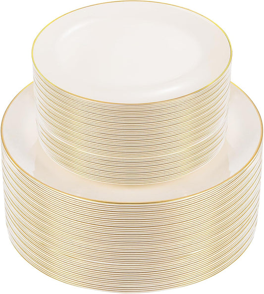 bUCLA 100PCS Ivory Plastic Plates with Gold Rim - Heavy Duty Cream Disposable Include 50 Dinner 10 inch & 50 Dessert 7 inch, for Party & Thanksgiving