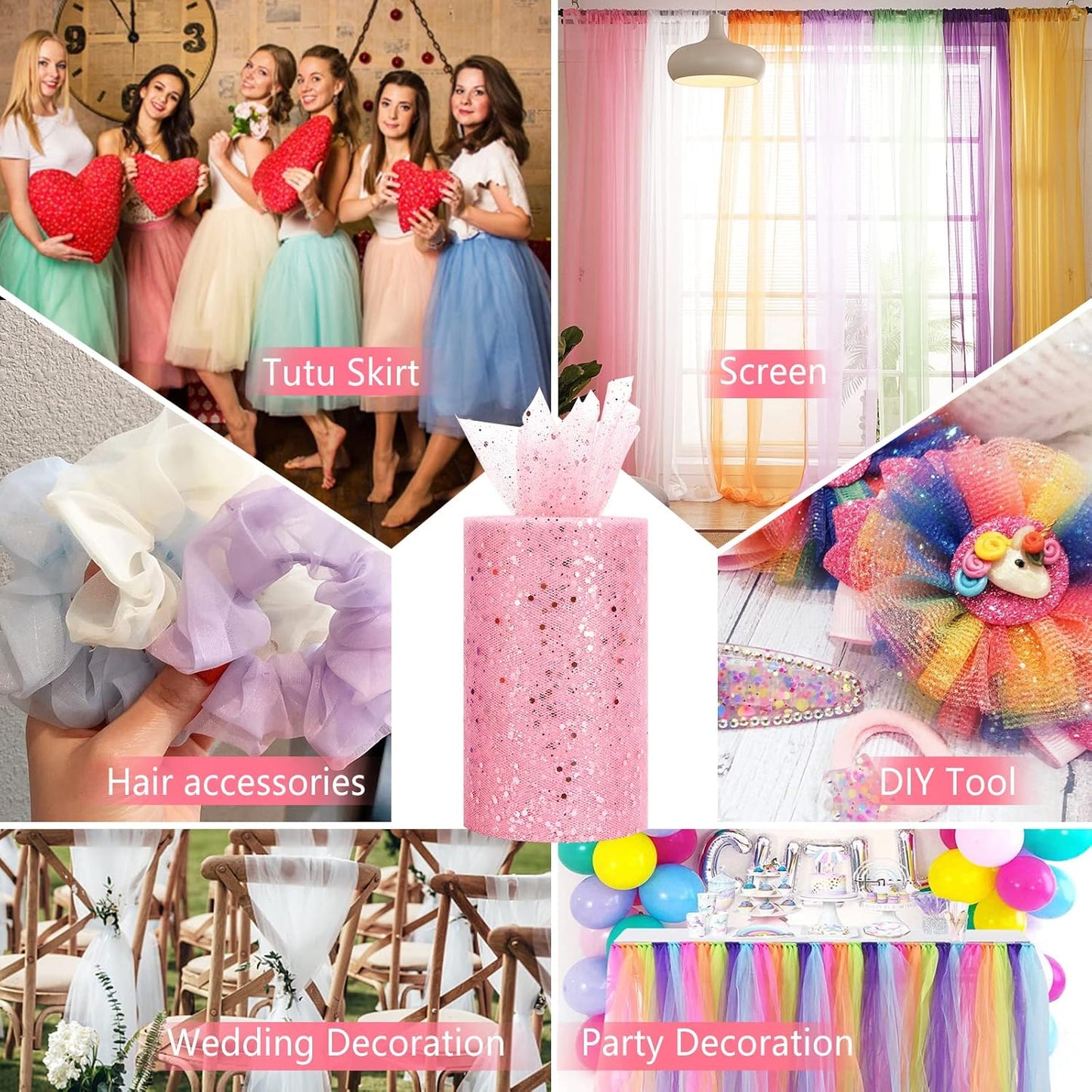 Glitter Tulle Rolls, 6” by 50 Yards (150FT) Sparkling Tulle Spool Ribbon Sequin Tulle Netting Fabric for Tutu Skirt Wedding Birthday Baby Shower (Pink)