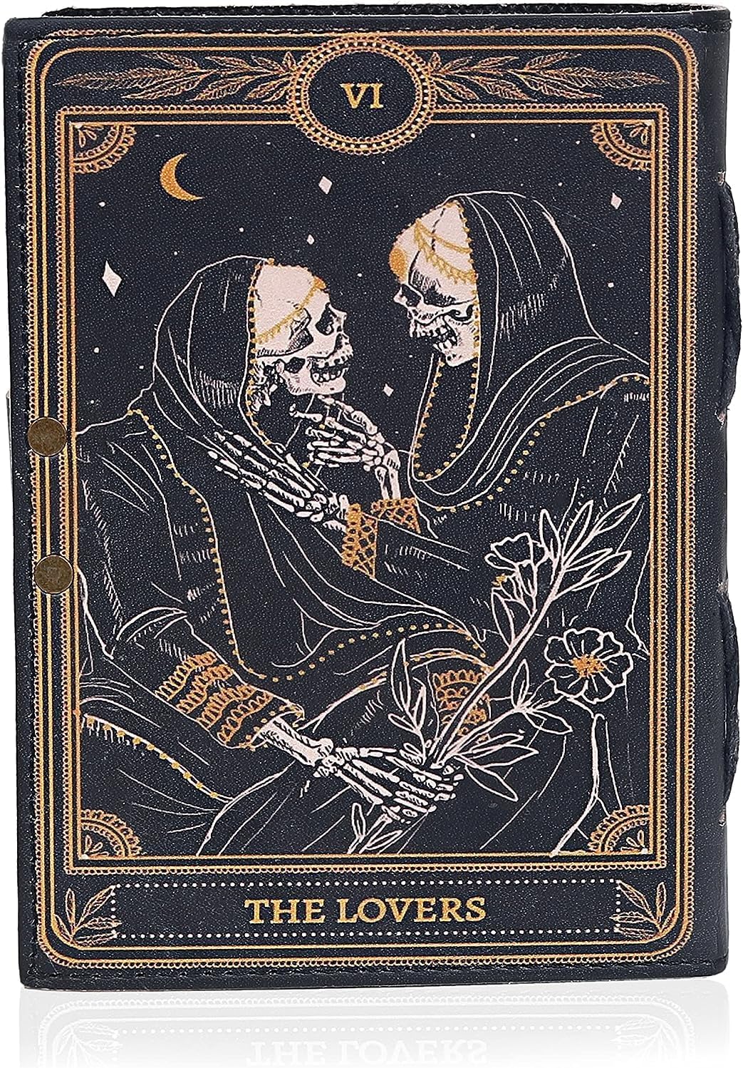 C CUERO Book of Spells Leather Journal Deckle Edge Paper Grimoire Printed Journal The Lovers Tarot Notebook Spiral Gothic Notebook Skull lover Antique Vintage Leather Journals for Men and Women (6 * 8