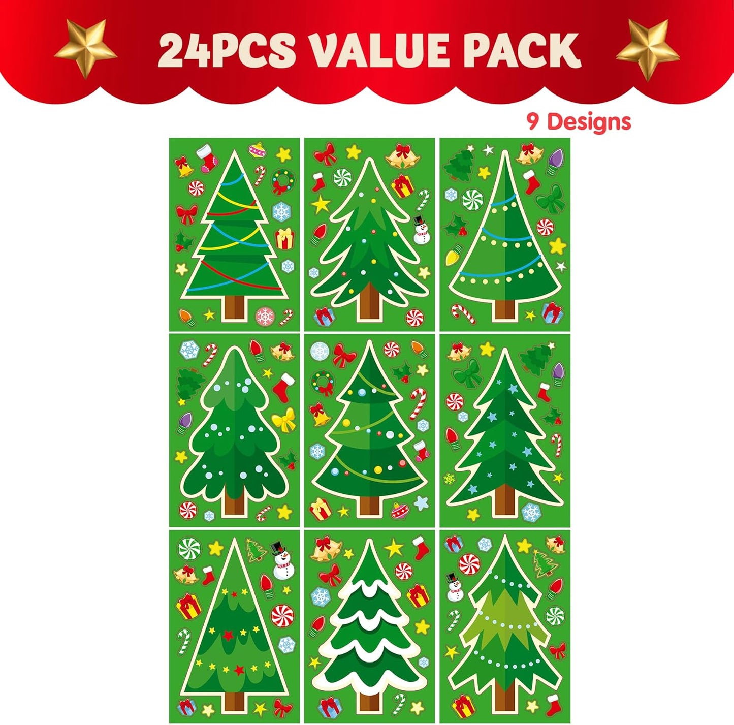 JOYIN 24 Pcs Christmas Tree Stickers, Make Your Own Christmas Tree Green Stickers Sheets, Party Favors for Kids Xmas Party Supplies, Classroom Games, Stocking Stuffers Holiday Presents