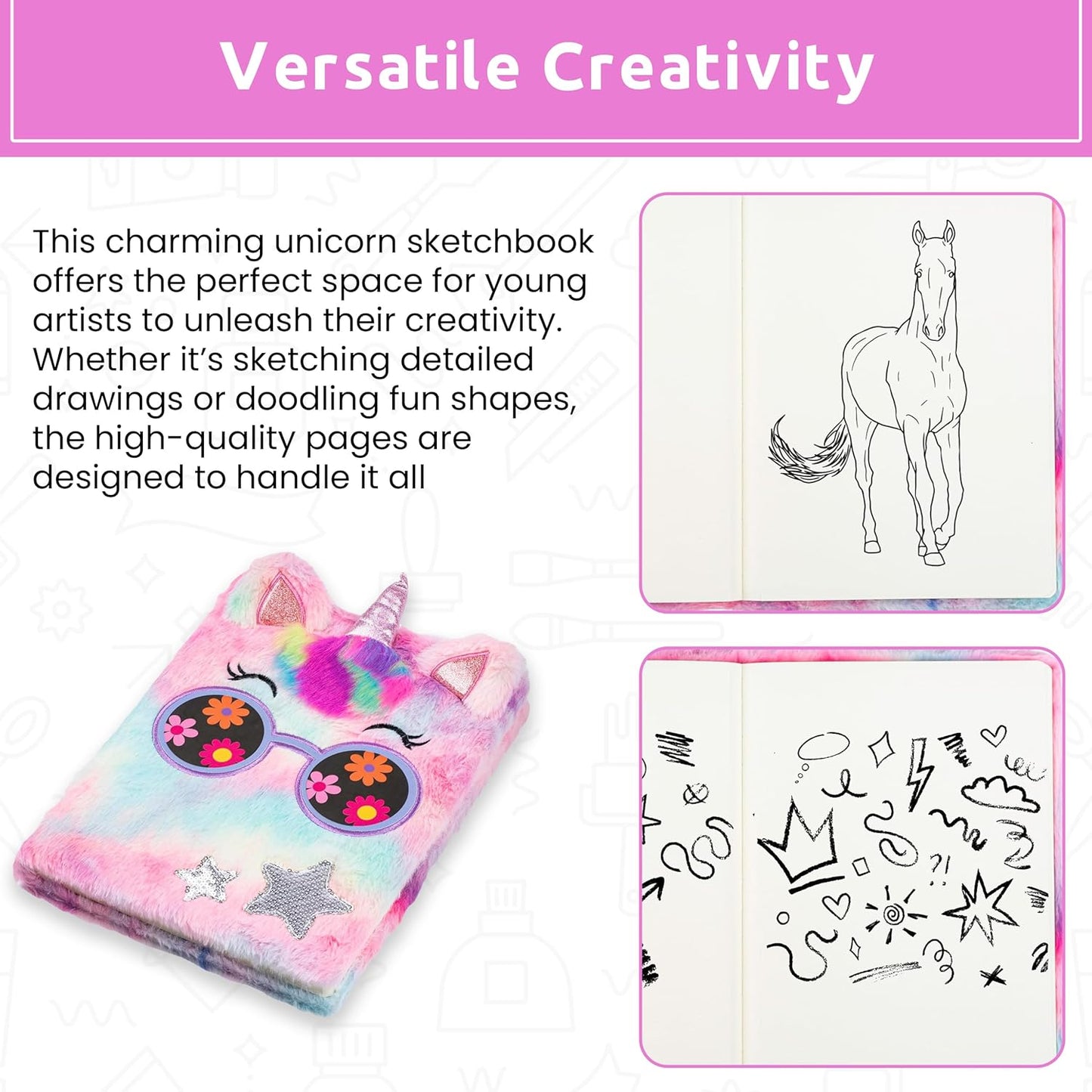 VOTUM Fuzzy Sketch Book: Personalized Artist Sketchbook: Sketching, Drawing and Creative Doodling. Notebook and Sketchbook to Draw and Journal (Unicorn)