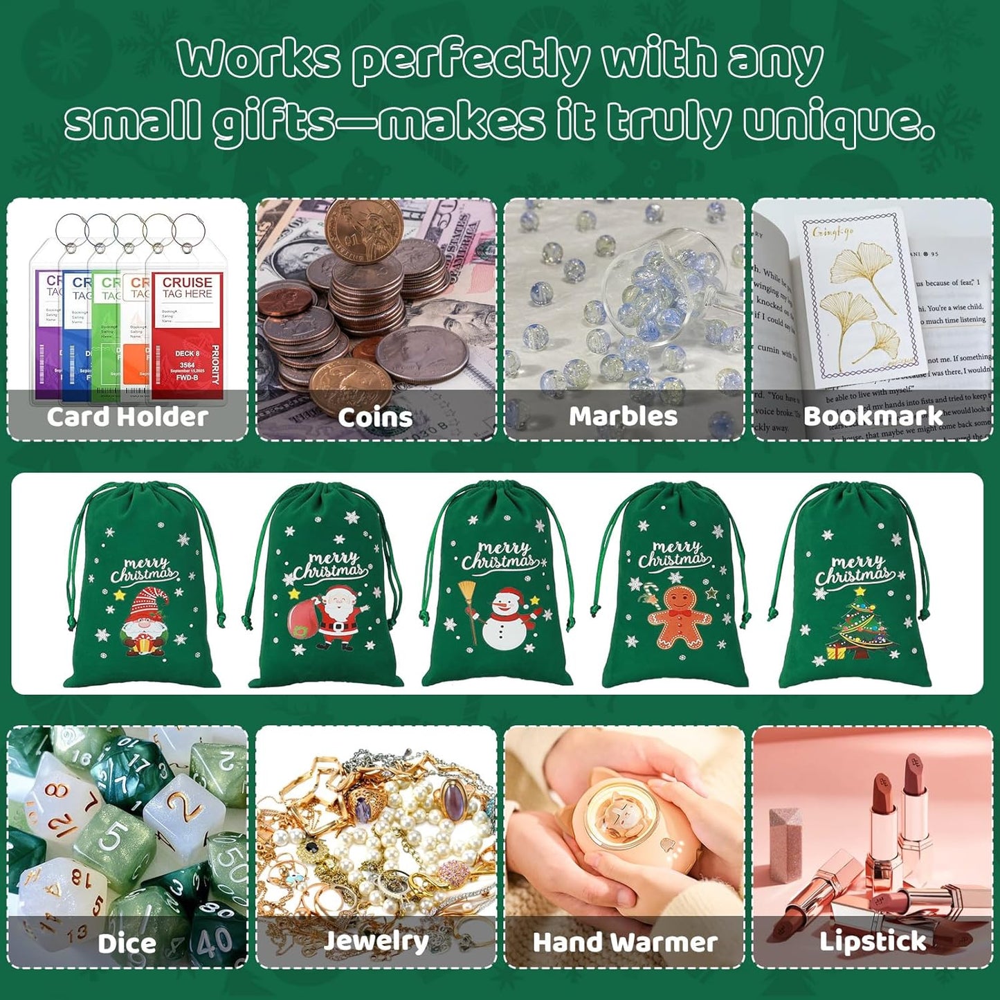 Tapleap Coth Christmas Bags with Drawstring - 50Pcs 4x6 Green Velvet for Wrapping Christmas Party Favors or Gifts for Friends, Small Bussiness, Palm Crosses