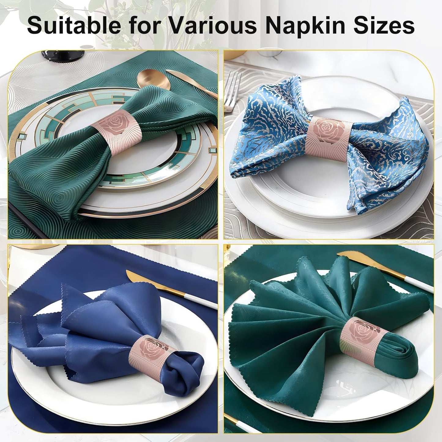 Polymer Material Reusable Napkin Band, Glue-Free Tear-Proof Water Resistant Oil-Proof Napkin Bands Set of 200(Front Rose Gold Color and Back Silver), 6 Adjustable Sizes Napkin Rings