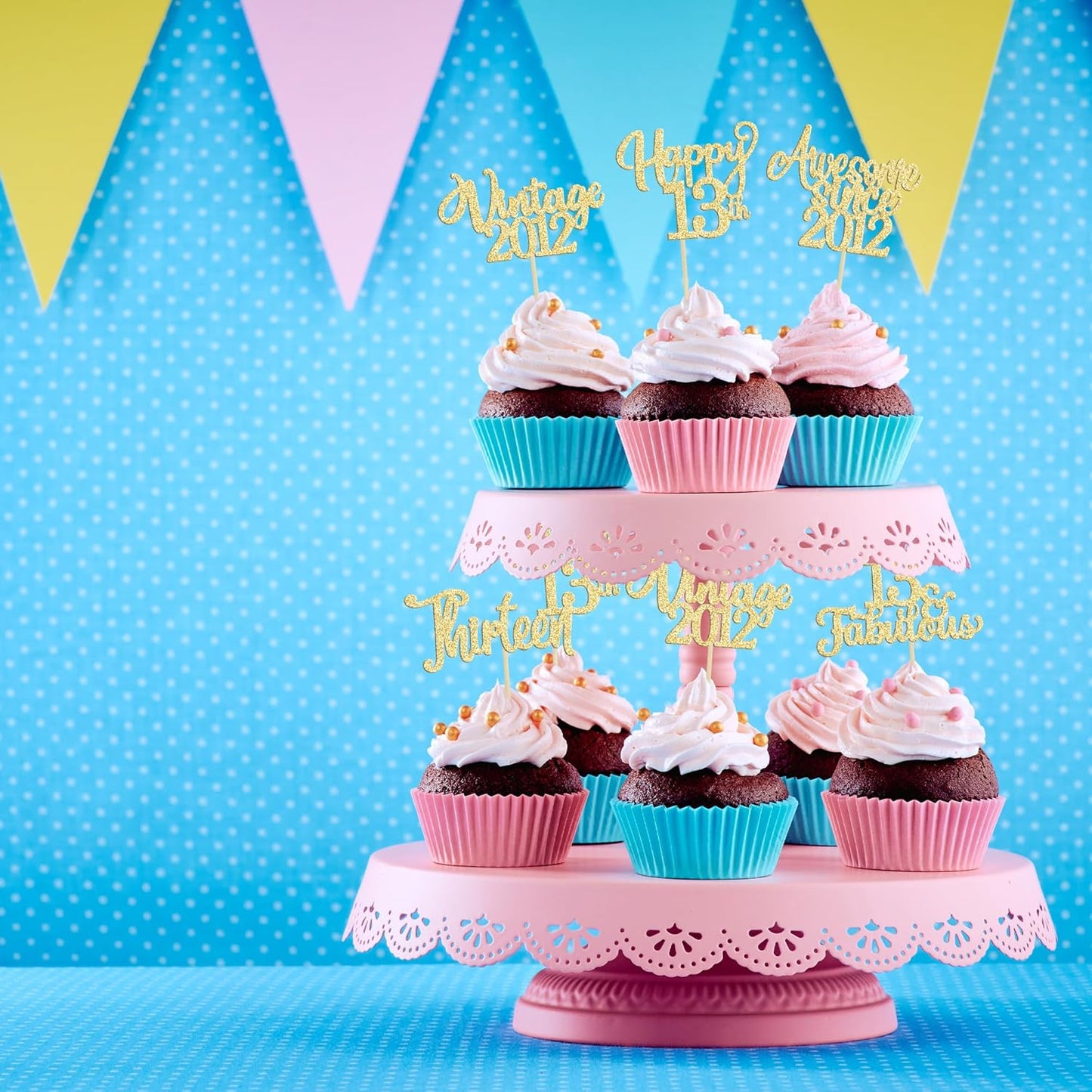30Pcs Vintage 2012 Cupcake Toppers Glitter Thirteen Happy 13th Birthday 13 Fabulous Cupcake Picks Cheers to 13 Years for 13th Birthday Wedding Anniversary Party Cake Decorations Supplies Gold