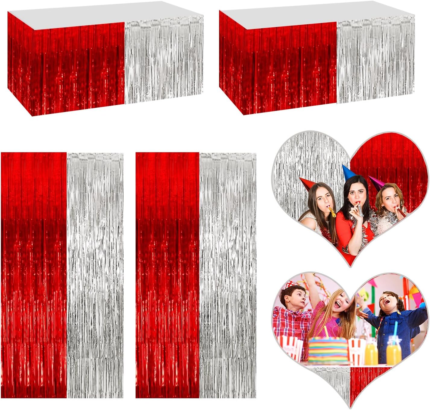 4P Metallic Foil Fringe Tinsel Table Skirts for Rectangle Tables Backdrop Banner Streamer Garland Curtains for Parade Floats Wedding Graduation Anniversary Birthday Parties Decoration(Red Silver)
