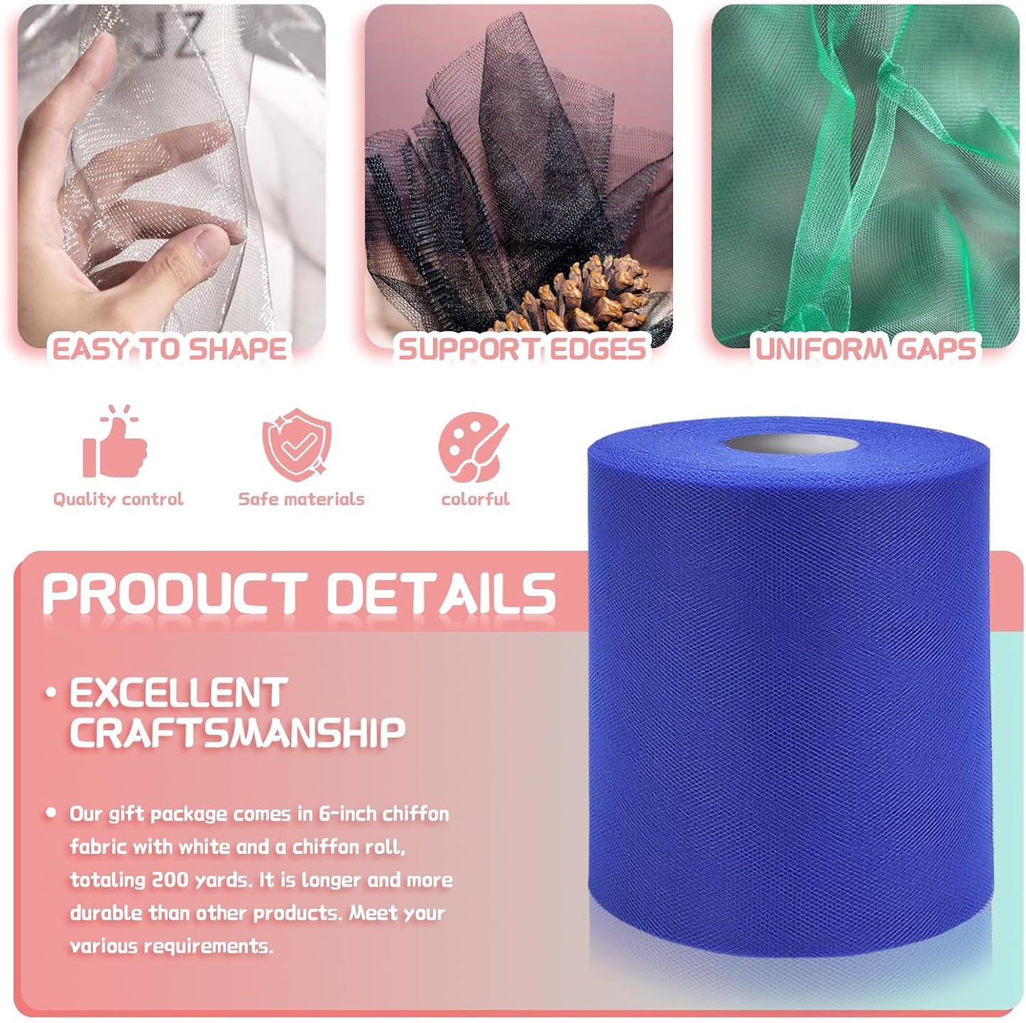 6" x 200 Yards Royal Blue Tulle Fabric Rolls, Blue Spool Tulle Ribbon for DIY Tutu Skirt Wedding Decoration Baby Shower Birthday Party Backdrop Gift Wrapping Bow Craft Supplies