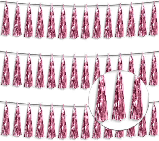 3P Metallic Fringe Tassel Banner Garland Foil Tinsel Streamer Wall Hanging Curtain Backdrop Banner for Parade Floats, Graduation Decorations, Wedding Party Decoration(Pink)