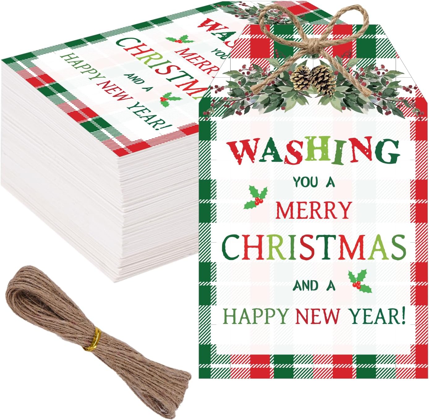 60Pcs Merry Christmas Tags with String, 3.3x2.1 Inch Buffalo Plaid Holiday Gift Tags, Xmas Happy New Year Tag with Holly for Winter Party Candy Bag Envelope Presents Gift Favor