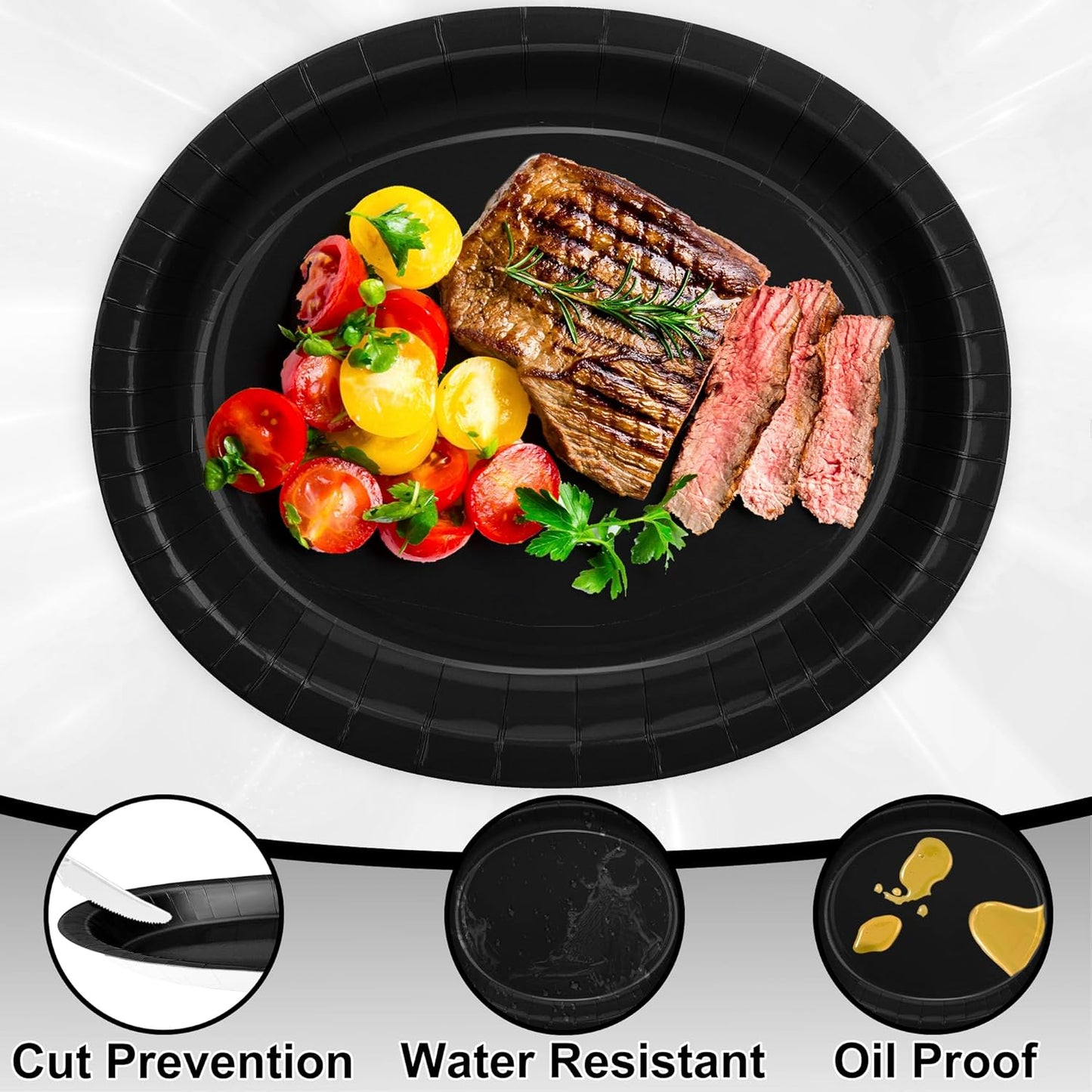 QZYL 50 Count Black Large Paper Plates, 12.2'' X 10.2'' Oval Disposable Plates, Daily Heavy Duty Dinnerware Party Decorations for Birthday Wedding Formal Dinner Holiday