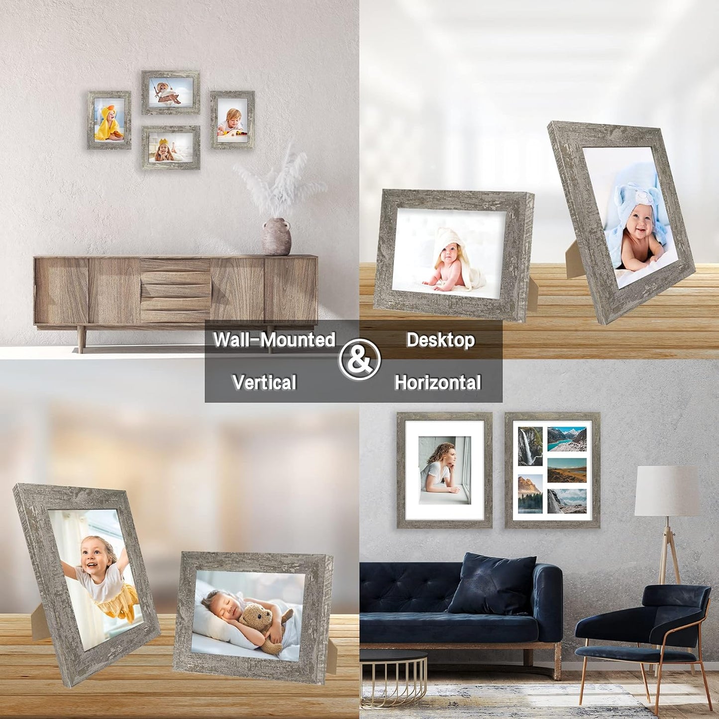 5x7 Picture Frame Set of 4, High Definition Glass Distressed Moss Green Frame, 5 x 7 Wood Photo Frames for Tabletop Display and Wall Mounting