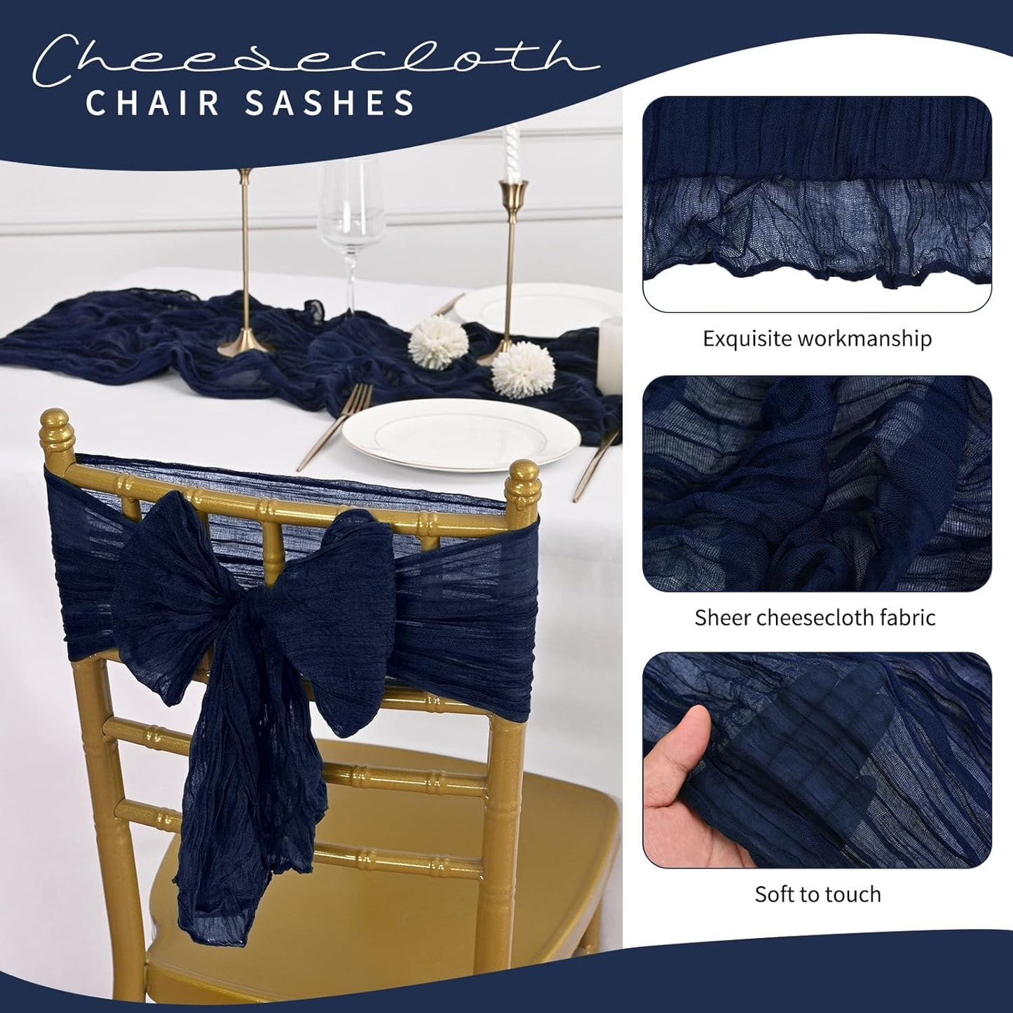 50 PCS Cheesecloth Chair Sashes, Bows Designed ChairSashes, 15.7x70 inch Chair Sashes for Aisle Decorations Universal Chairs Cover Decoration for Wedding Reception Party Banquet (Navy Blue)