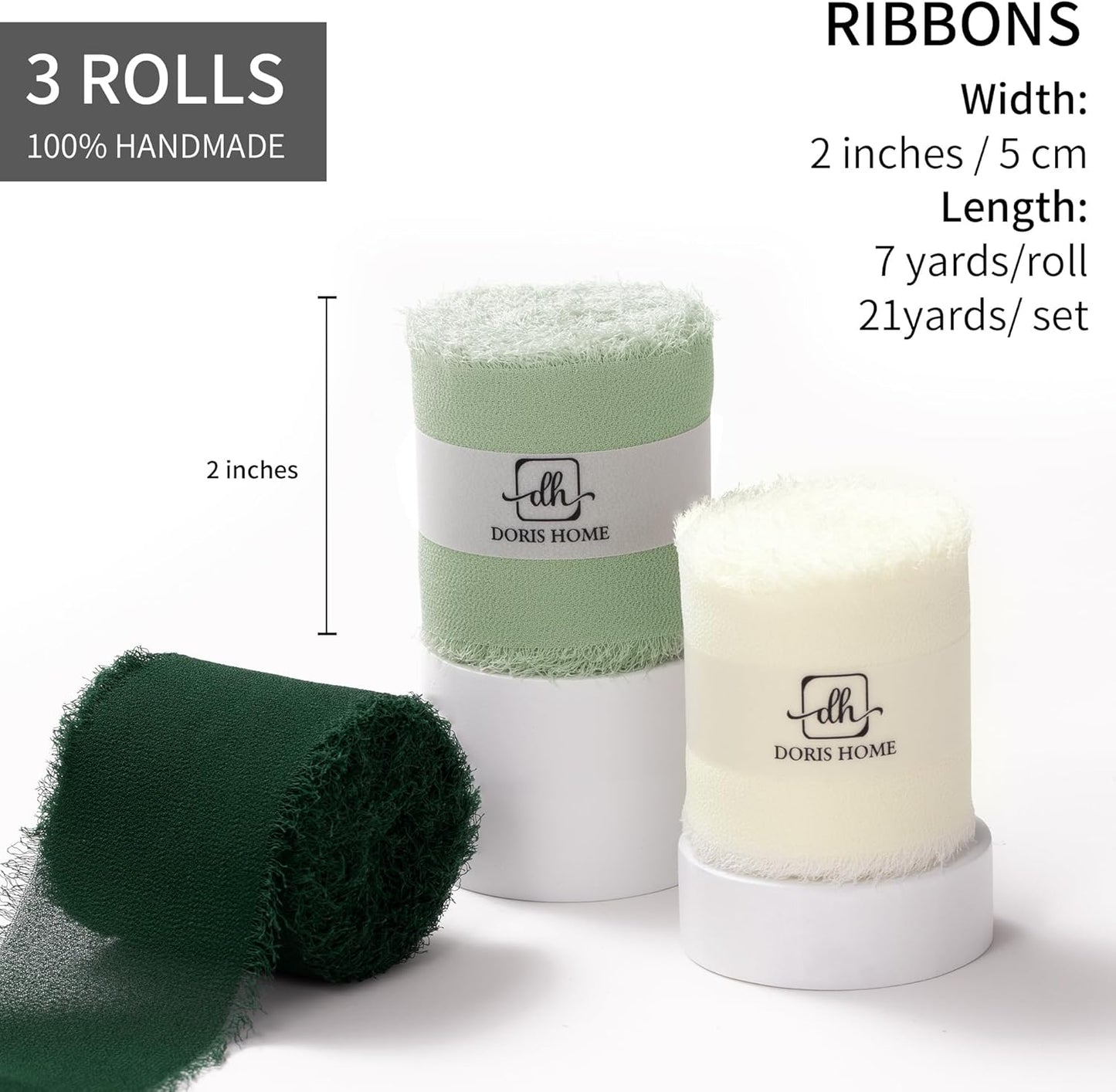 DORIS HOME 2" x21Yd Chiffon Ribbon for Flower Bouquet, Green & Cream Fabric Ribbon for Gift Wrapping, Handmade Frayed Ribbon for Wedding/Christmas Decorations