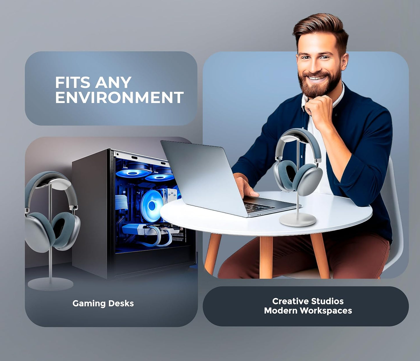 Headphone Stand for Desk – Premium & Minimalist Headset Holder with Round or Oval Base for Gaming, Office & Home (Silver Rubber, Standard)