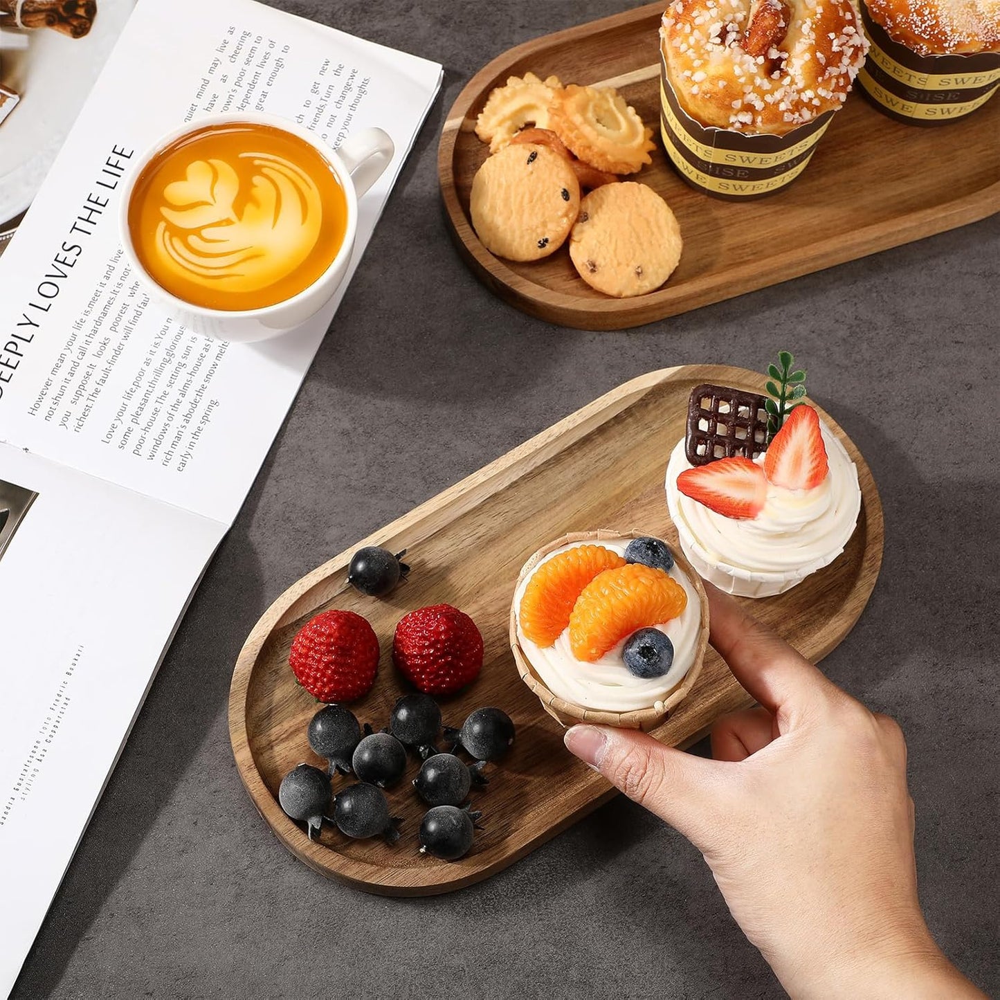 Wenqik 18 Pieces Acacia Wood Tray Set 10 x 5 Inch Acacia Oval Wood Tray Platters Plates Set for Fruit Cheese Dessert Appetizer Vegetable Charcuterie BBQ Party Weddings Supply