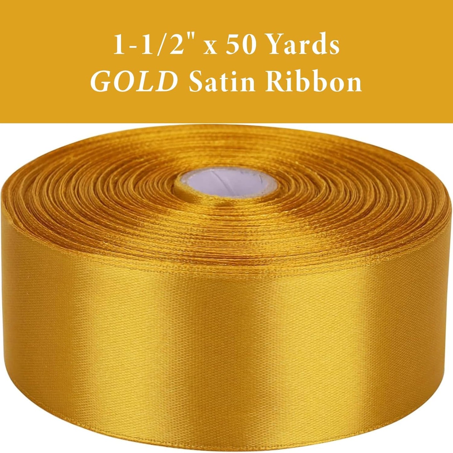 1-1/2 Inch Gold Satin Ribbon 50 Yards Solid Fabric Ribbons for Gift Wrapping, Crafts, Floral Arrangements, Wedding, Party, Holiday and Home Decor