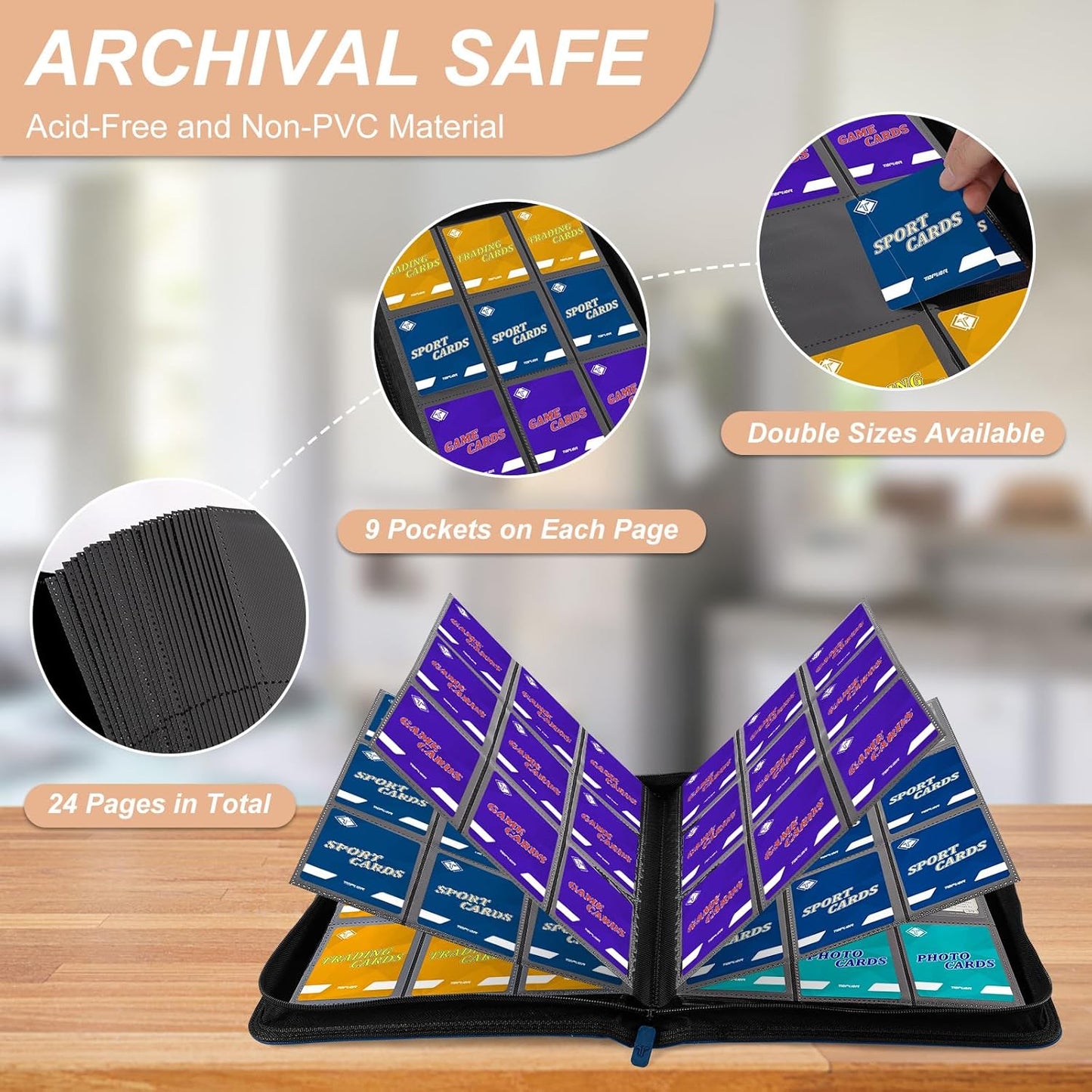 Trading Card Binder 9 Pocket, 432 Side-Loading TCG Album Folder Book Fit for MTG Baseball Football Sports Cards, Easy to Use Card Collection Binder with Zipper Blue