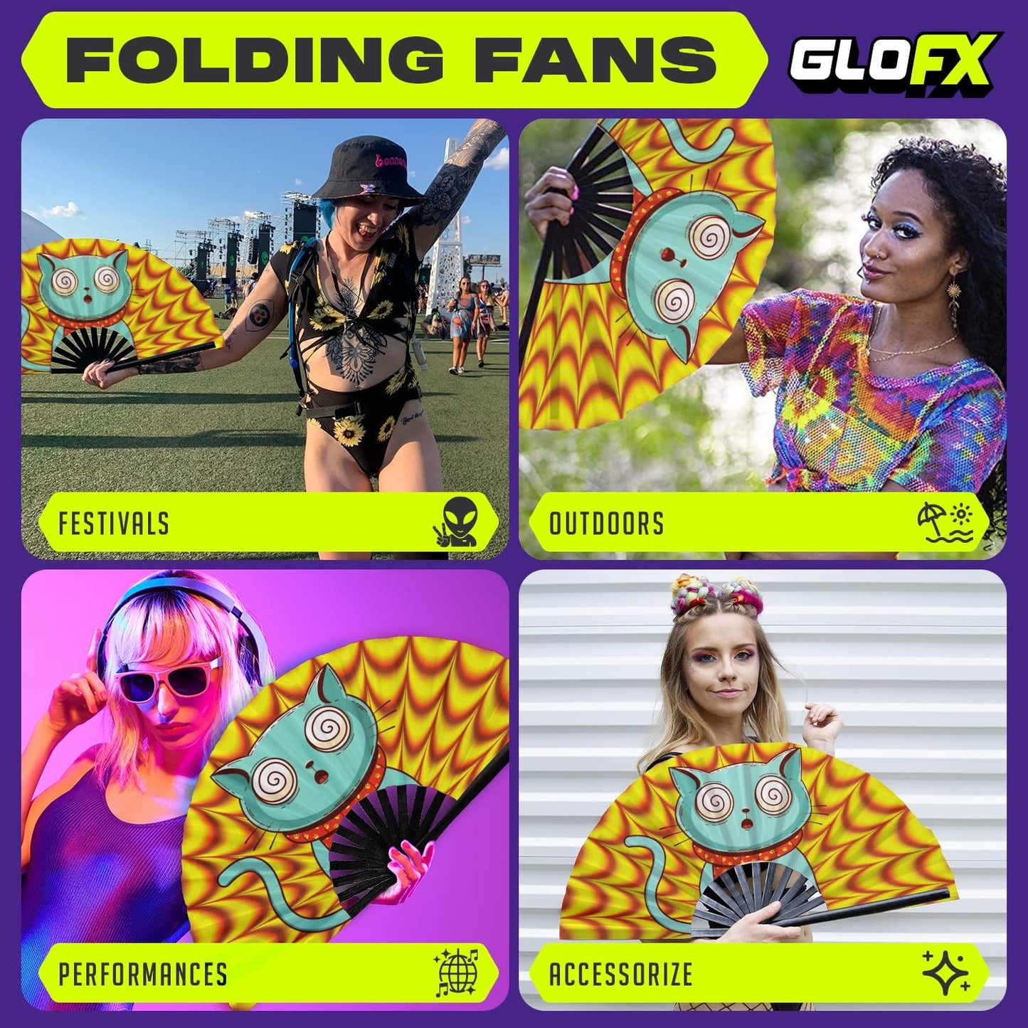 GloFX Folding Fan - Trippy Kitty - Large Rave Clack Folding Hand Fan for Men/Women - for EDM, Music Festival, Club, Event, Party, Dance, Performance, Decoration, Gift