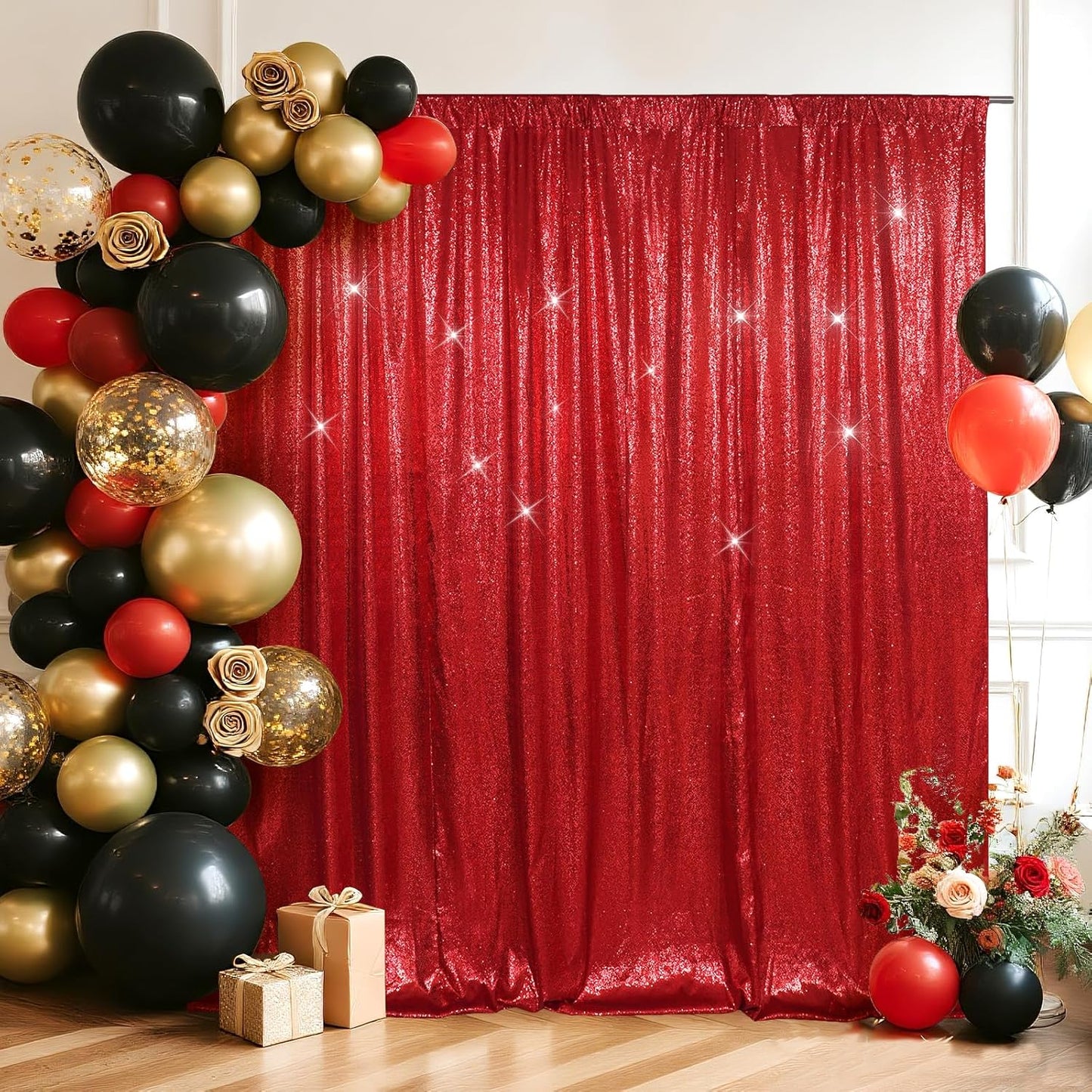 SquarePie Sequin Backdrop Less Transparent Background Sparkly Curtain for Wedding Party 7FT x 7FT Red