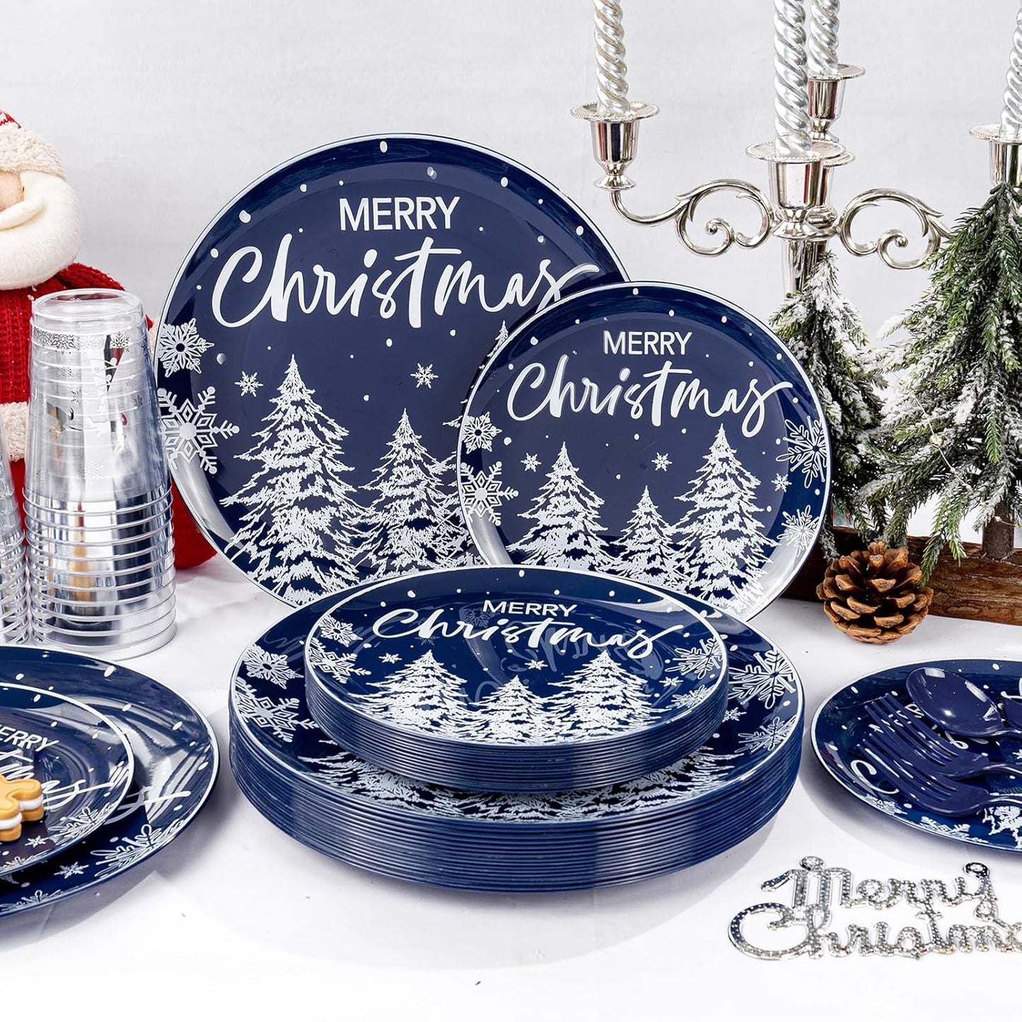 Supernal 150pcs Christmas Dinnerware Set - Blue and White Plates With Trees Design, Blue Silverware, Santa and Moose Silver Cups for New Year