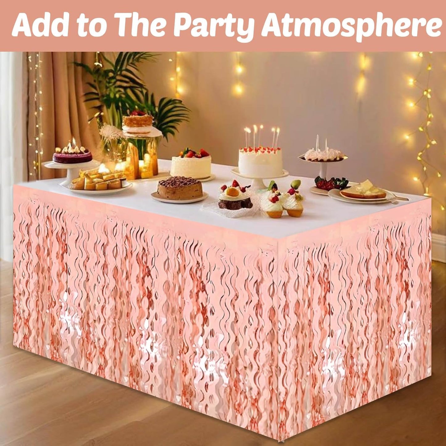 6 Pack 29x108 Inch Rose Gold Wave Foil Fringe Table Skirts Metallic Banner for Tinsel Streamer Garland Backdrop for Parade Floats Wedding, Mother's Day, Birthday Mardi Gras Party Decorations